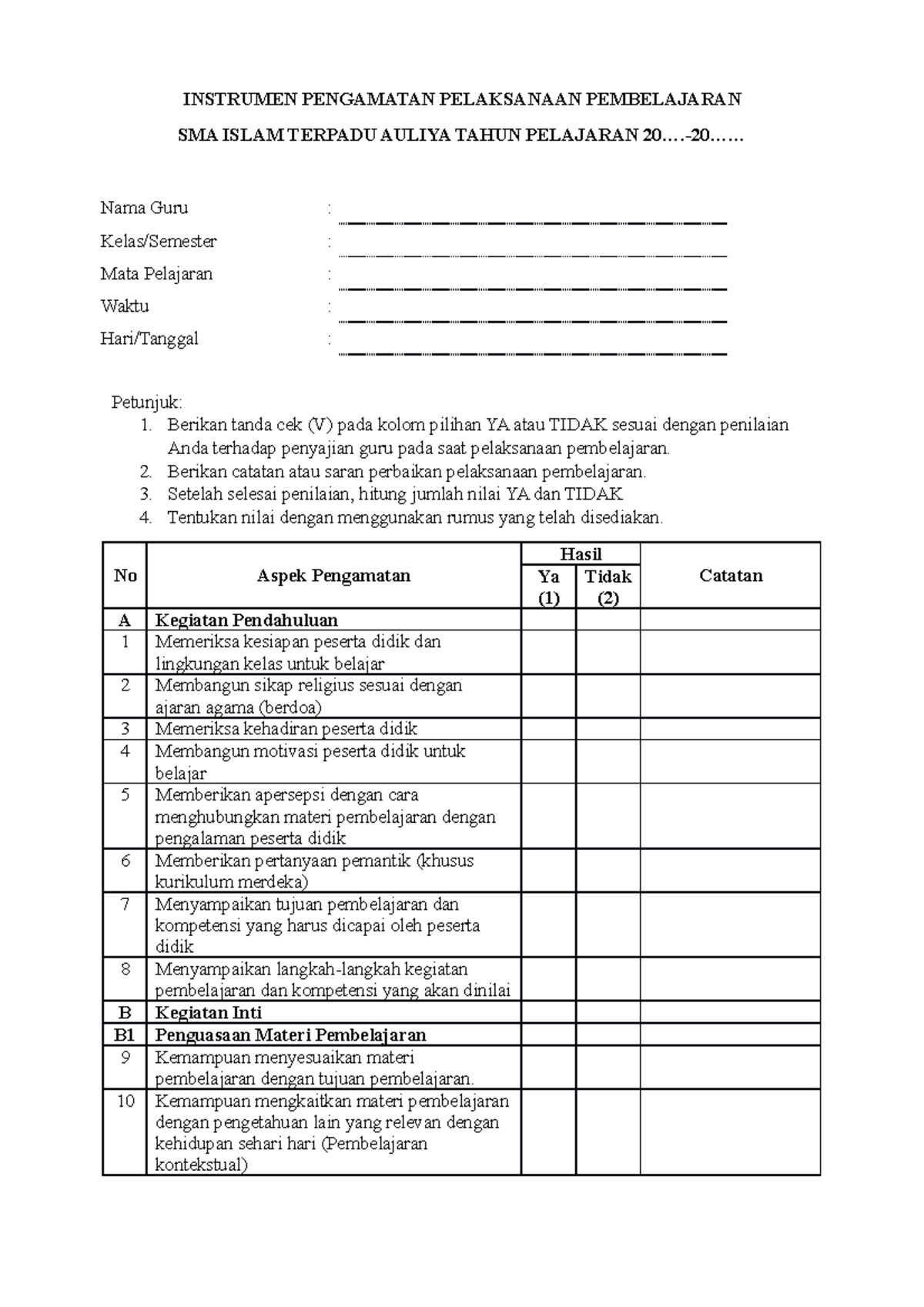 Format B Instrumen Supervisi - INSTRUMEN PENGAMATAN PELAKSANAAN ...