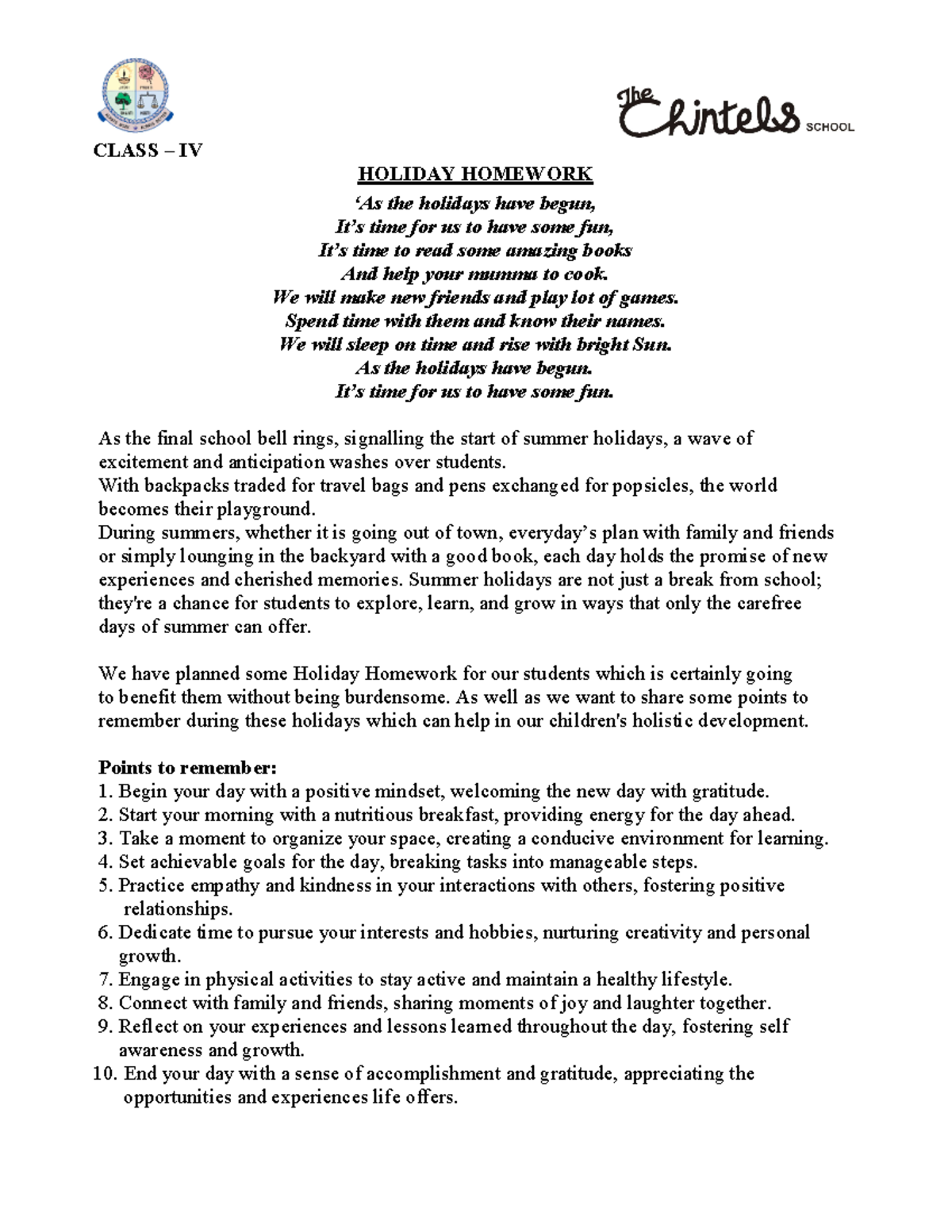 Class-4 Holiday Homework - CLASS – IV HOLIDAY HOMEWORK ‘As the holidays ...