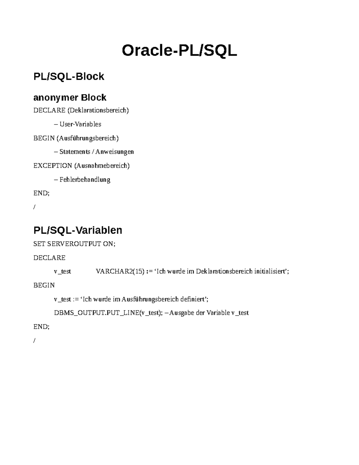 PL SQL Cheat Sheet - PL/SQL mit den wichtigsten Informationen über ...