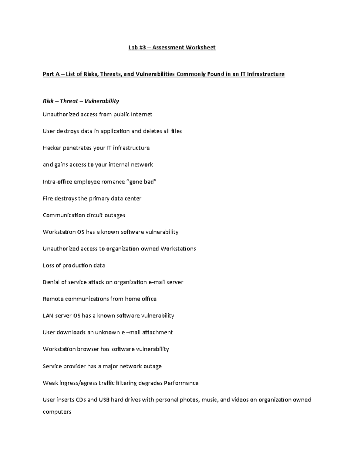 Assessment Worksheet - Lab #3 – Assessment Worksheet Part A – List of ...