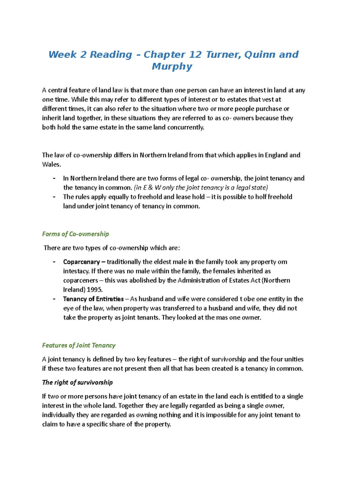 Land Law week 2 reading the law of property law in Northern Ireland