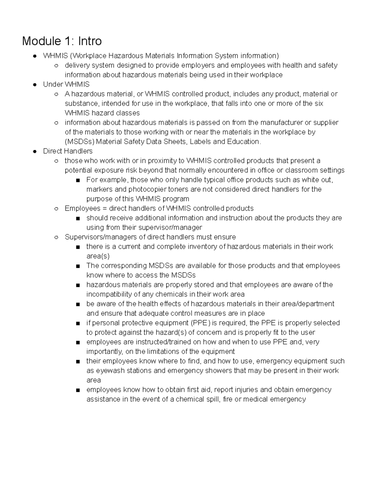WHIMIS Notes (11 Modules) - Module 1: Intro WHMIS (Workplace Hazardous ...