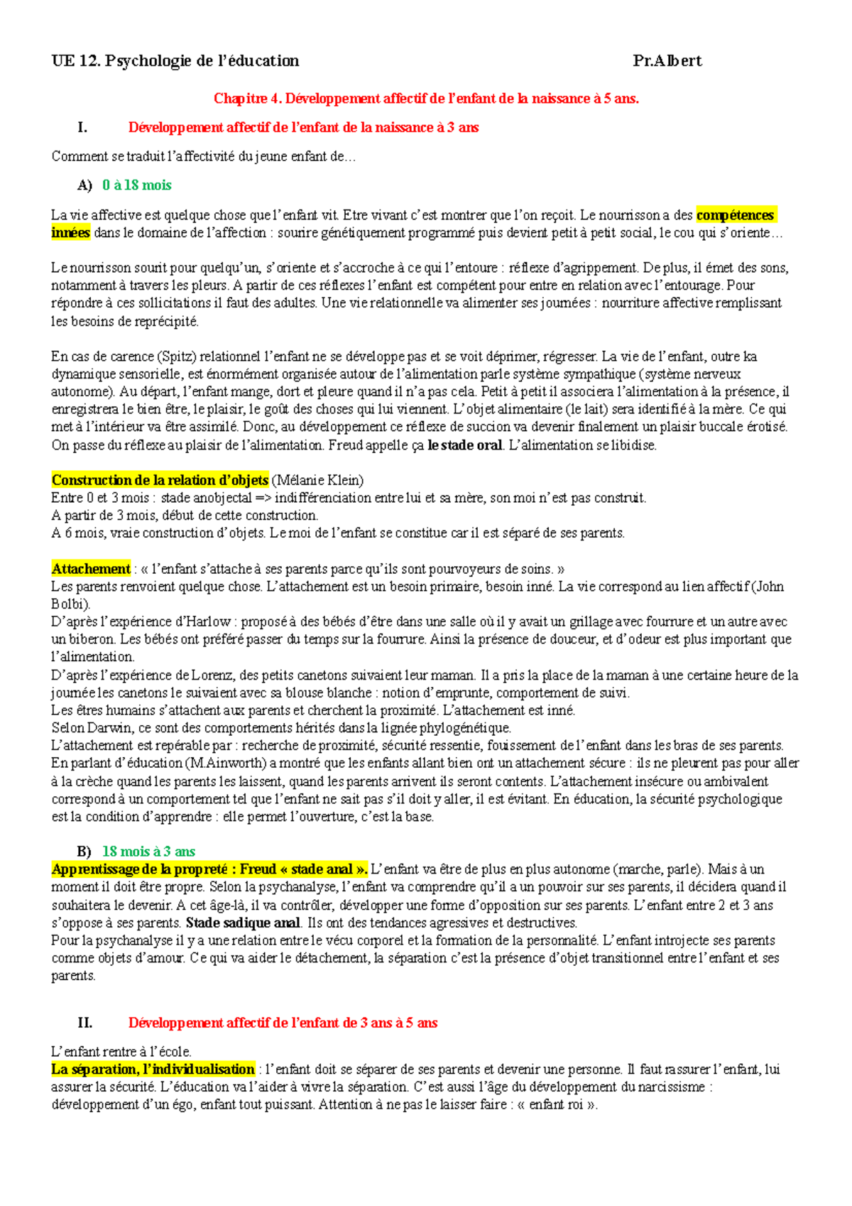 Chapitre 4 Developpement Affectif De L Enfant De La Naissance A 5 Ans Studocu
