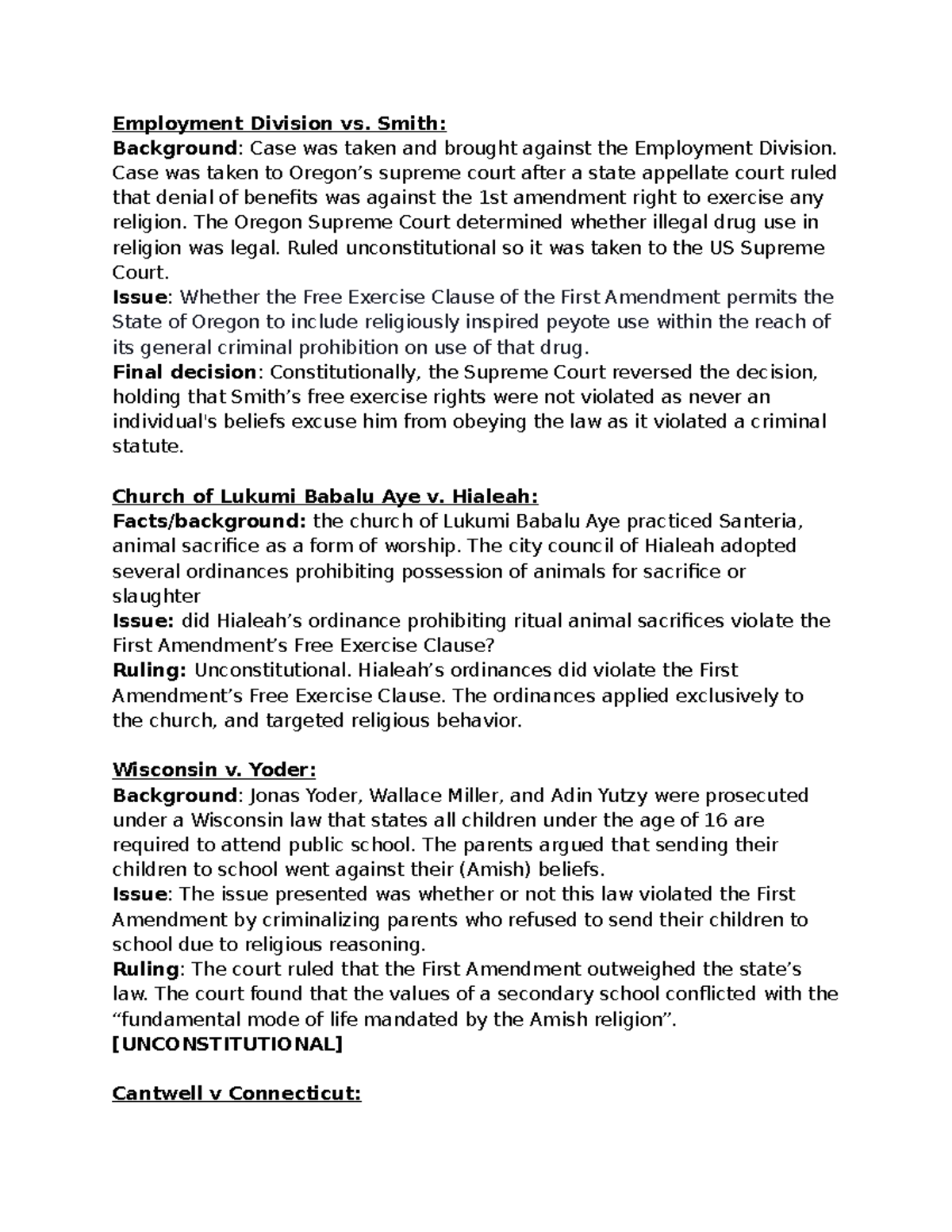 Free exercise Anticipation Different cases Notes Employment Division