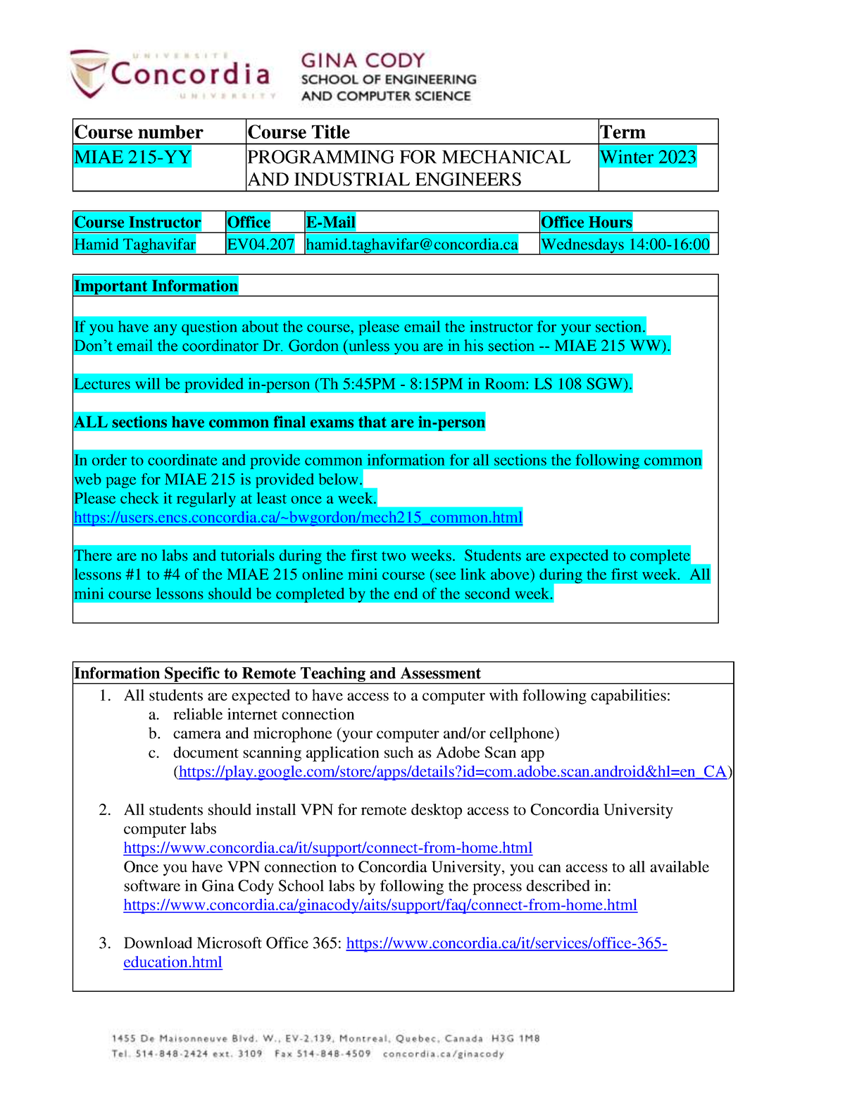 Outline - Course number Course Title Term MIAE 215-YY PROGRAMMING FOR  MECHANICAL AND INDUSTRIAL - Studocu