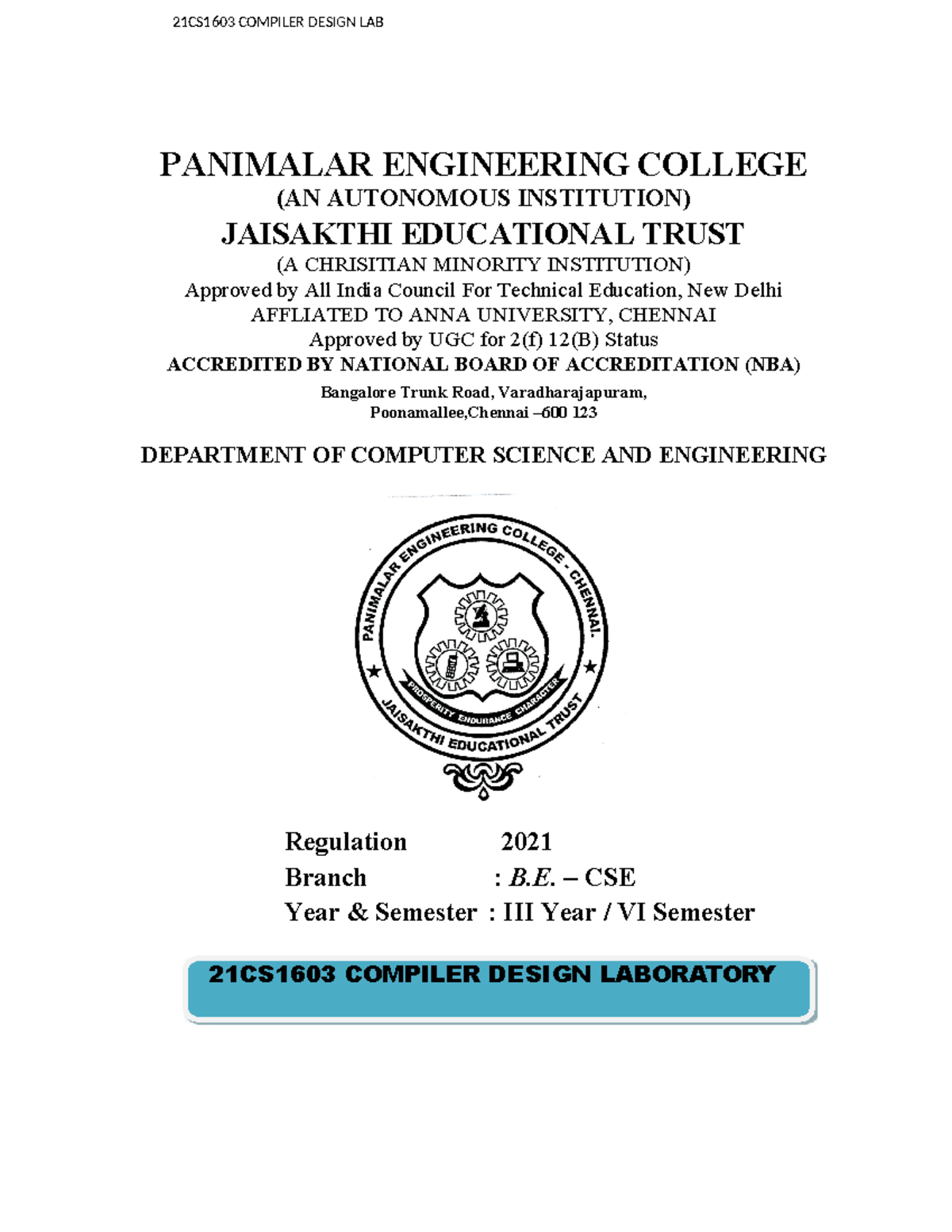 21CS1603 Compiler- Laboratory - 21CS1603 COMPILER DESIGN LAB LABORATORY ...