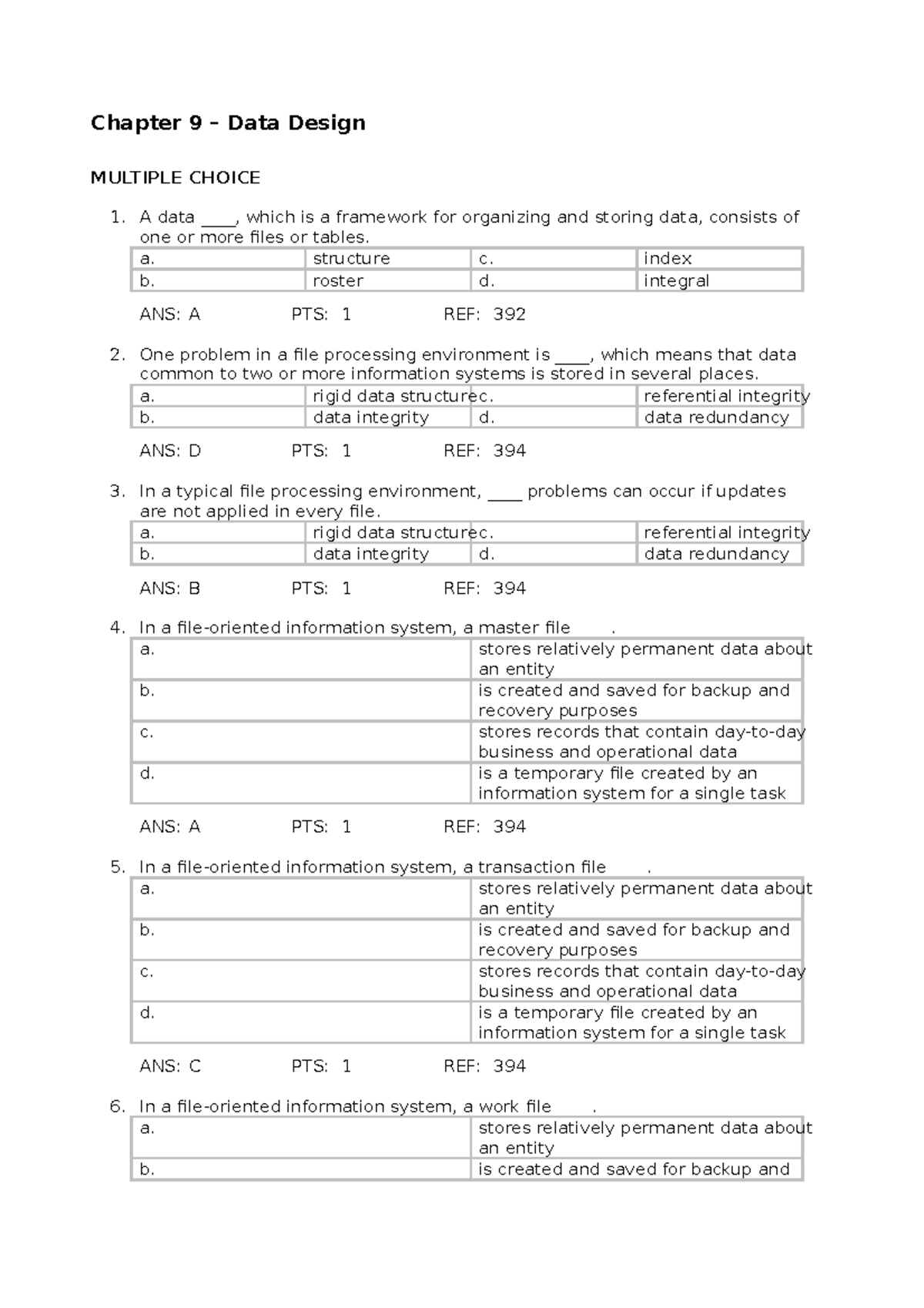 Ch-9 - Data Design - Chapter 9 – Data Design MULTIPLE CHOICE A Data ...