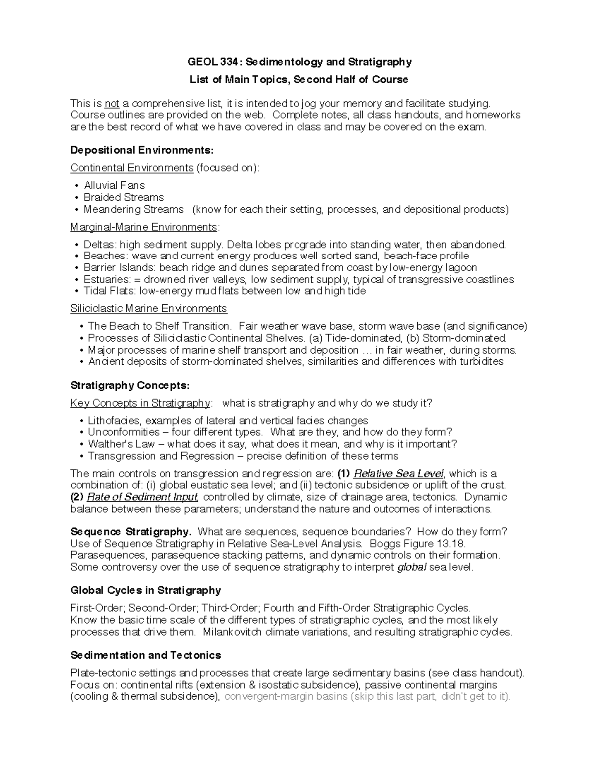 Final Exam Topics - GEOL 334: Sedimentology And Stratigraphy List Of ...