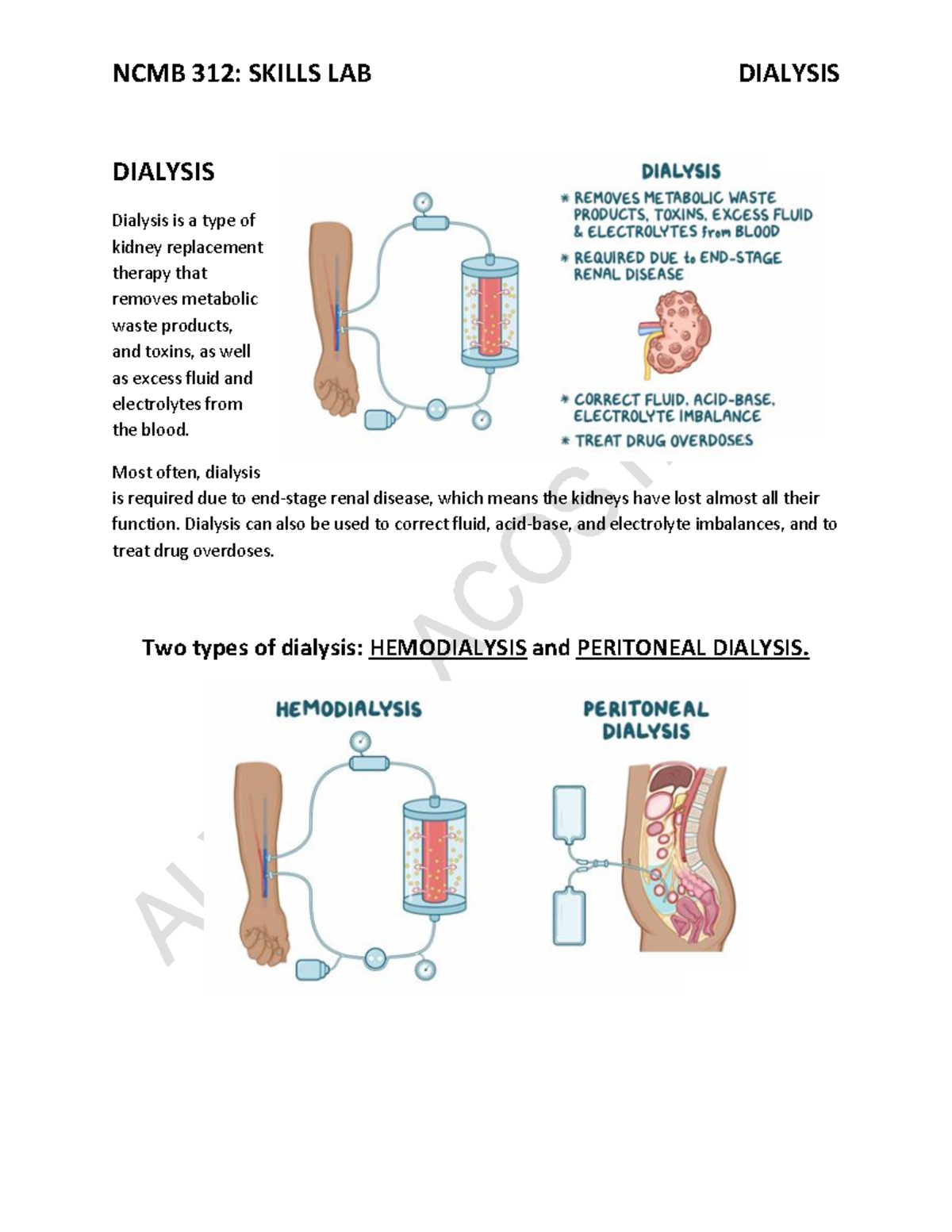 Dialysis Skills Lab Handouts NCMA312 Skills Lab - DIALYSIS Dialysis is ...