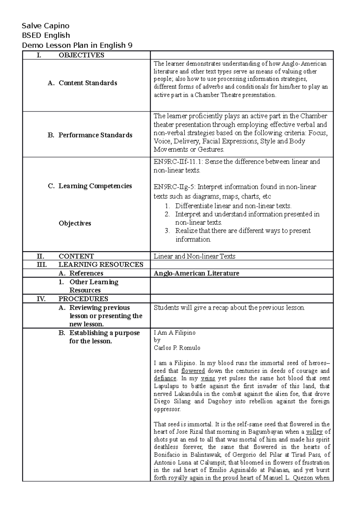 DLP 1 - none - Salve Capino BSED English Demo Lesson Plan in English 9 ...