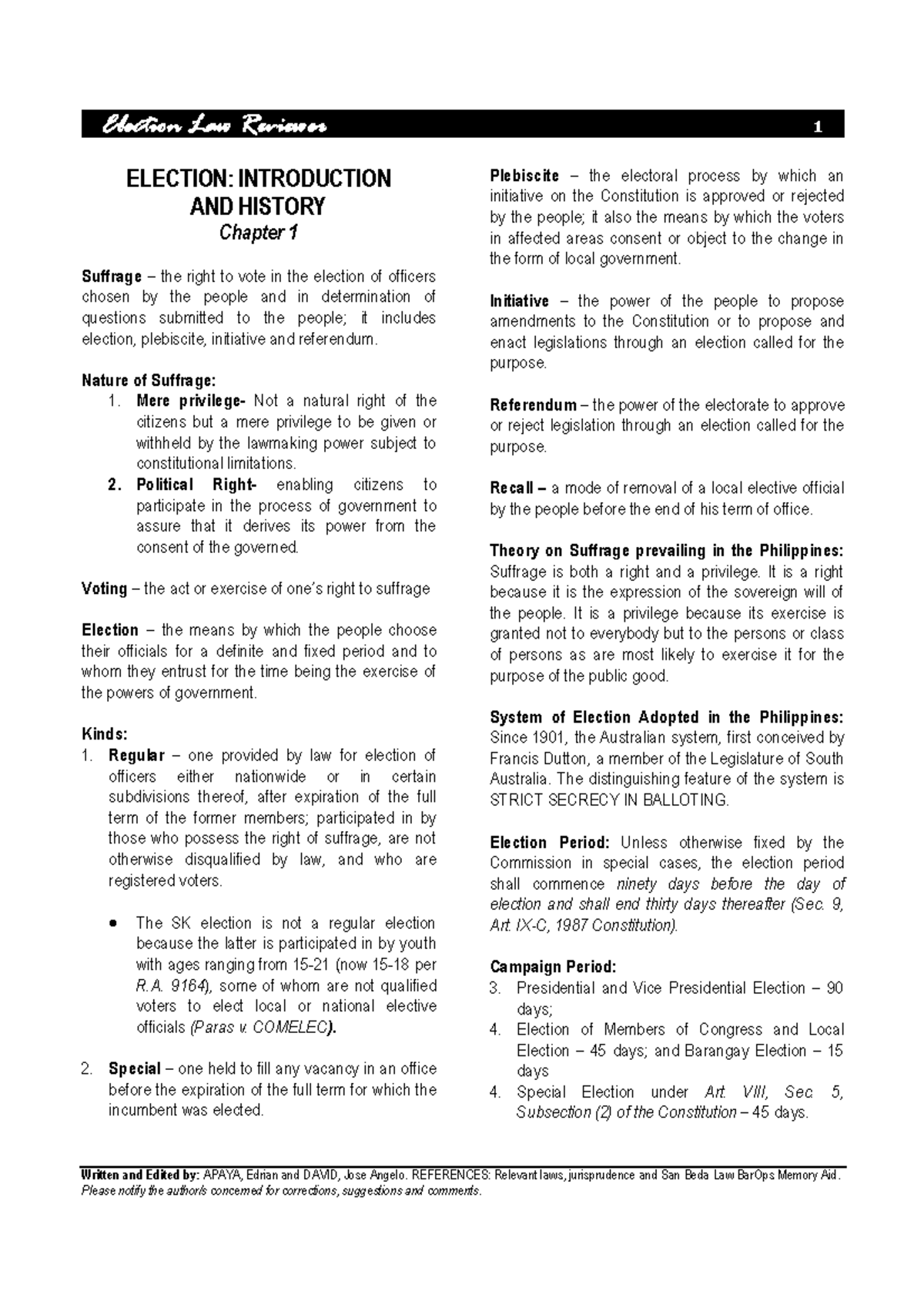 Election-Law-Reviewer - Written and Edited by: APAYA, Edrian and DAVID ...