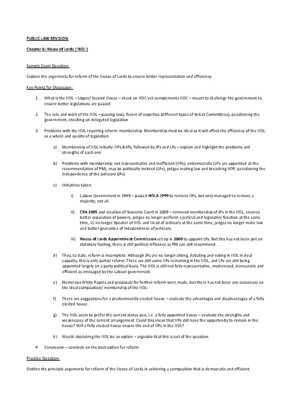 HOL Revision - notes - PUBLIC LAW REVISION Chapter 8: House of Lords ...