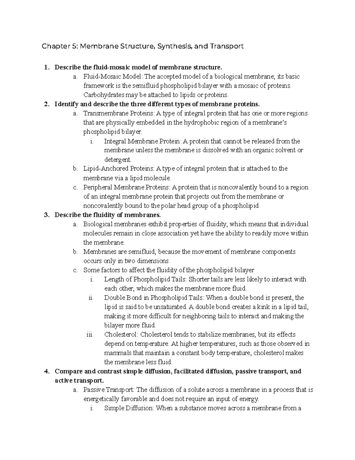 BIO 1200 Chapter 5 Review - Chapter 5: Membrane Structure, Synthesis ...