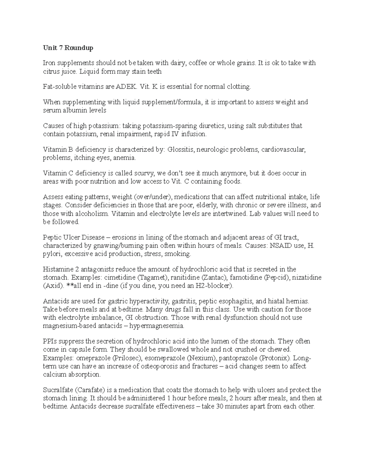 Unit 7 Roundup pharm - Study document that covers vitamins and ...
