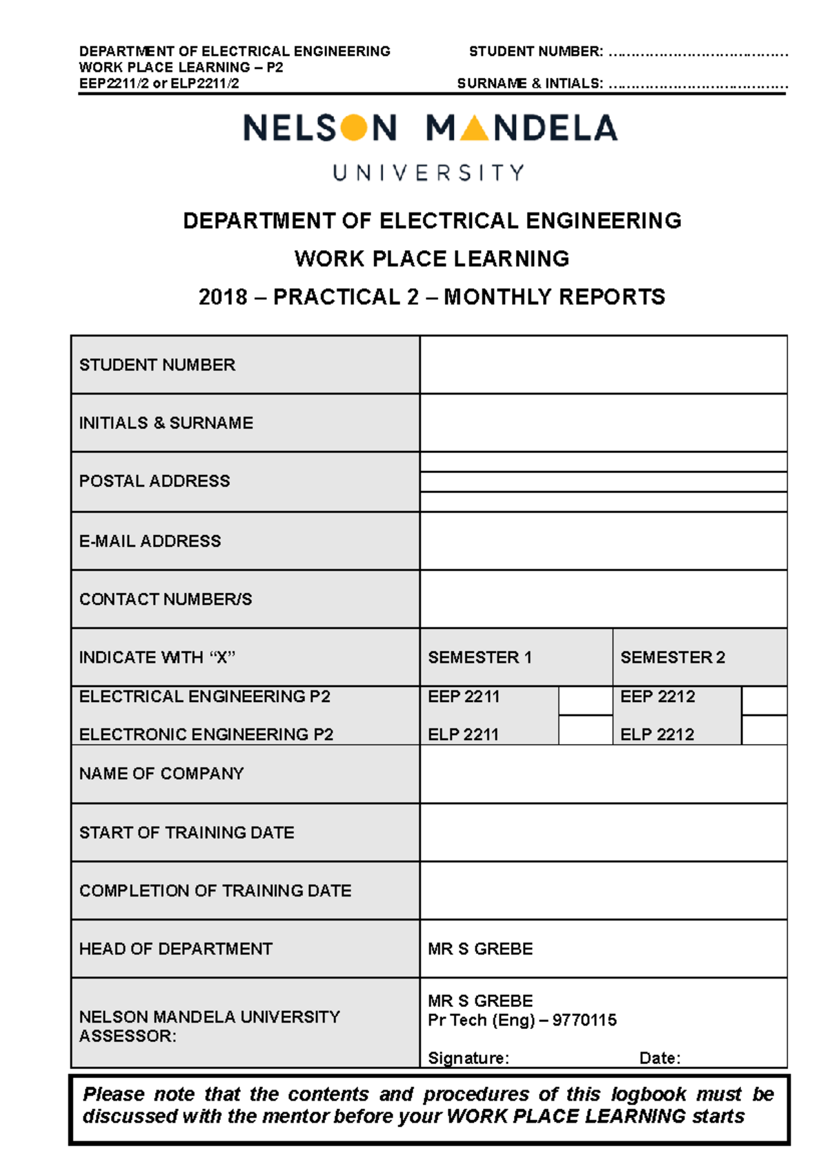P2 Logbook Monthly Reports 2018 DEPARTMENT OF ELECTRICAL ENGINEERING
