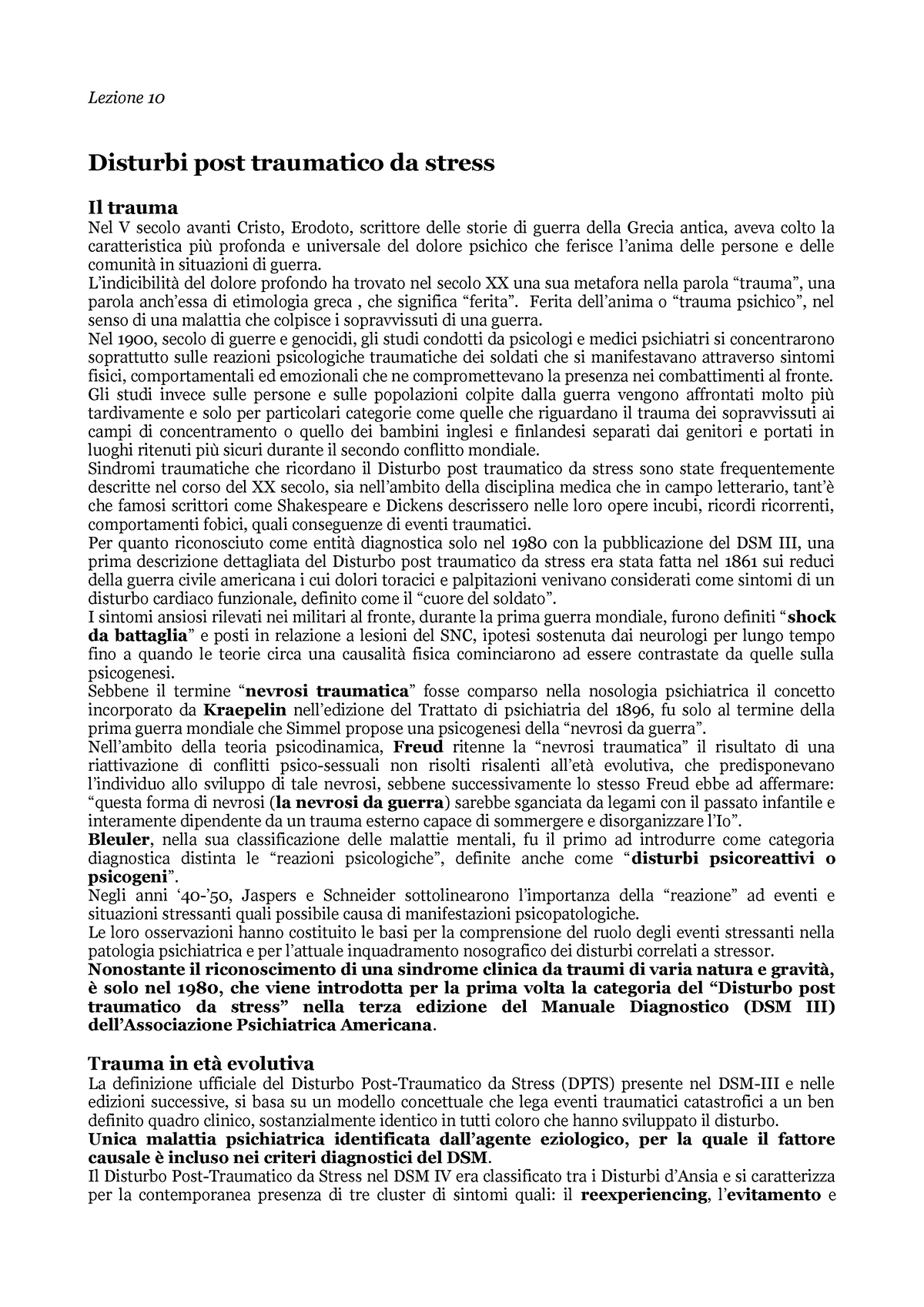 Lezione 10 - Disturbo Post-Traumatico Da Stress - Lezione 10 Disturbi ...