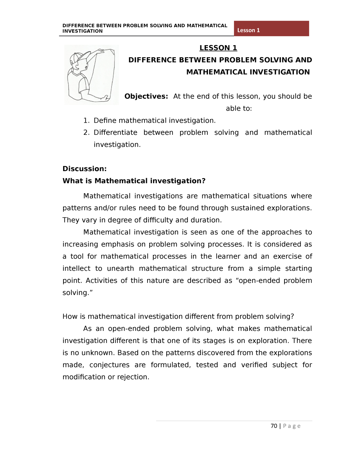 difference between problem solving and mathematical investigation