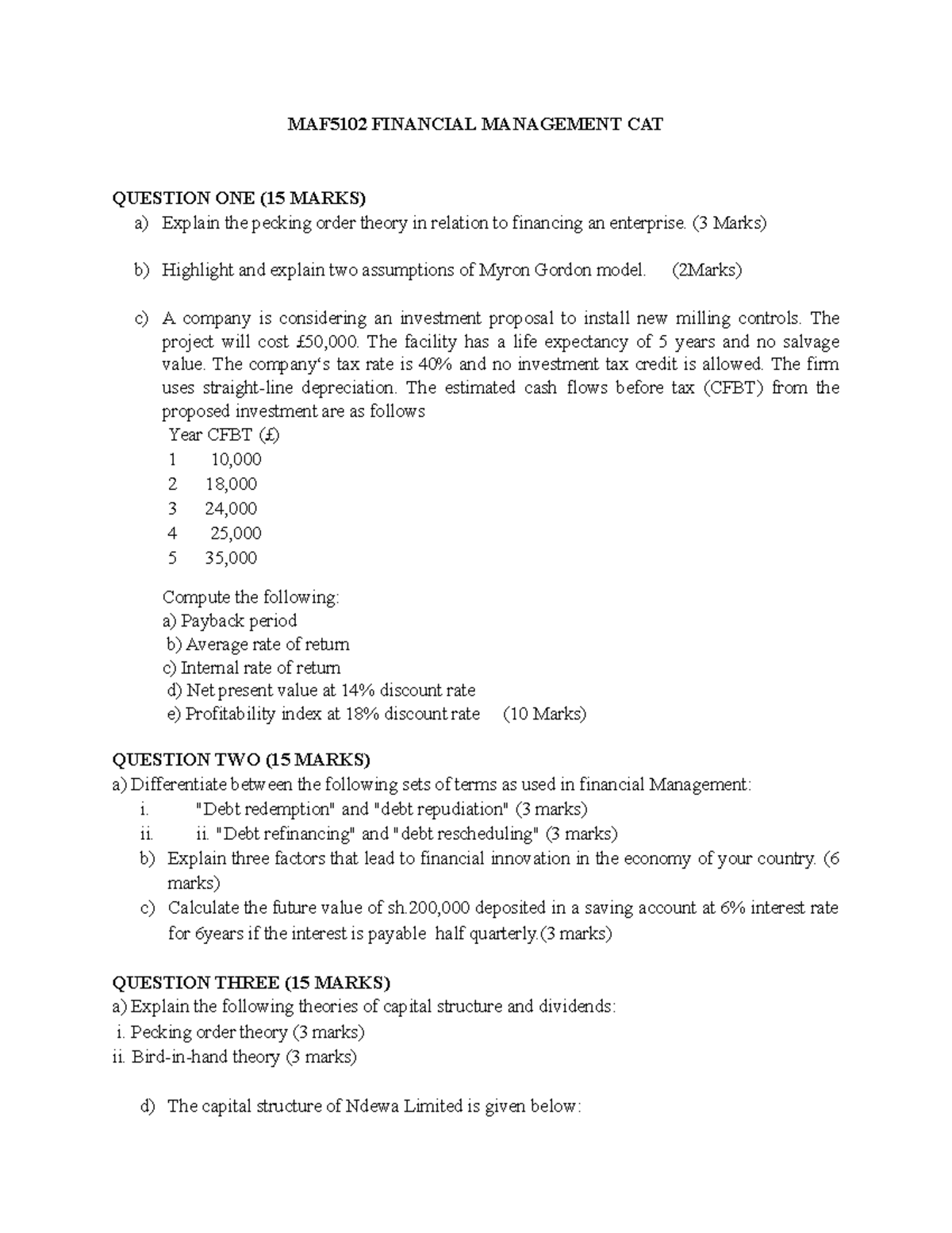 MAF5102 Financial Management CAT MAF5102 FINANCIAL MANAGEMENT CAT