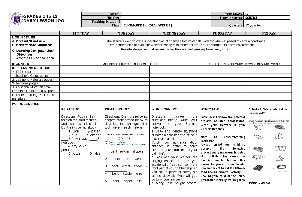 DLL Science 4 Q1 W2 - NONE - GRADES 1 to 12 DAILY LESSON LOG School ...