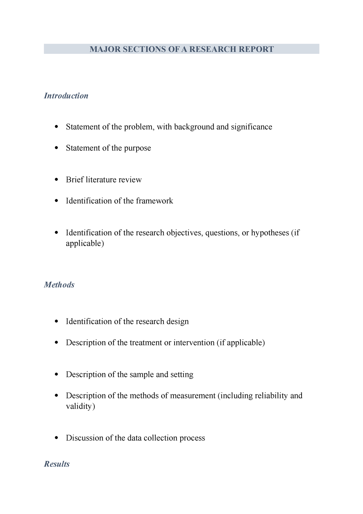 Major Sections OF A Research Report MAJOR SECTIONS OF A RESEARCH 