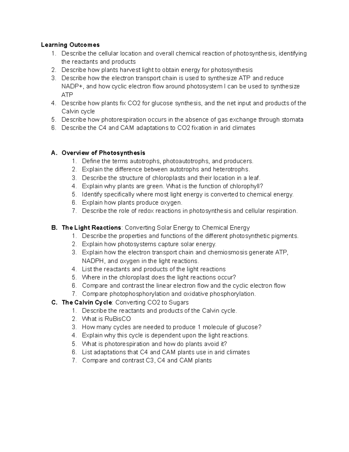 Review - Photosynthesis - Learning Outcomes 1. Describe the cellular ...