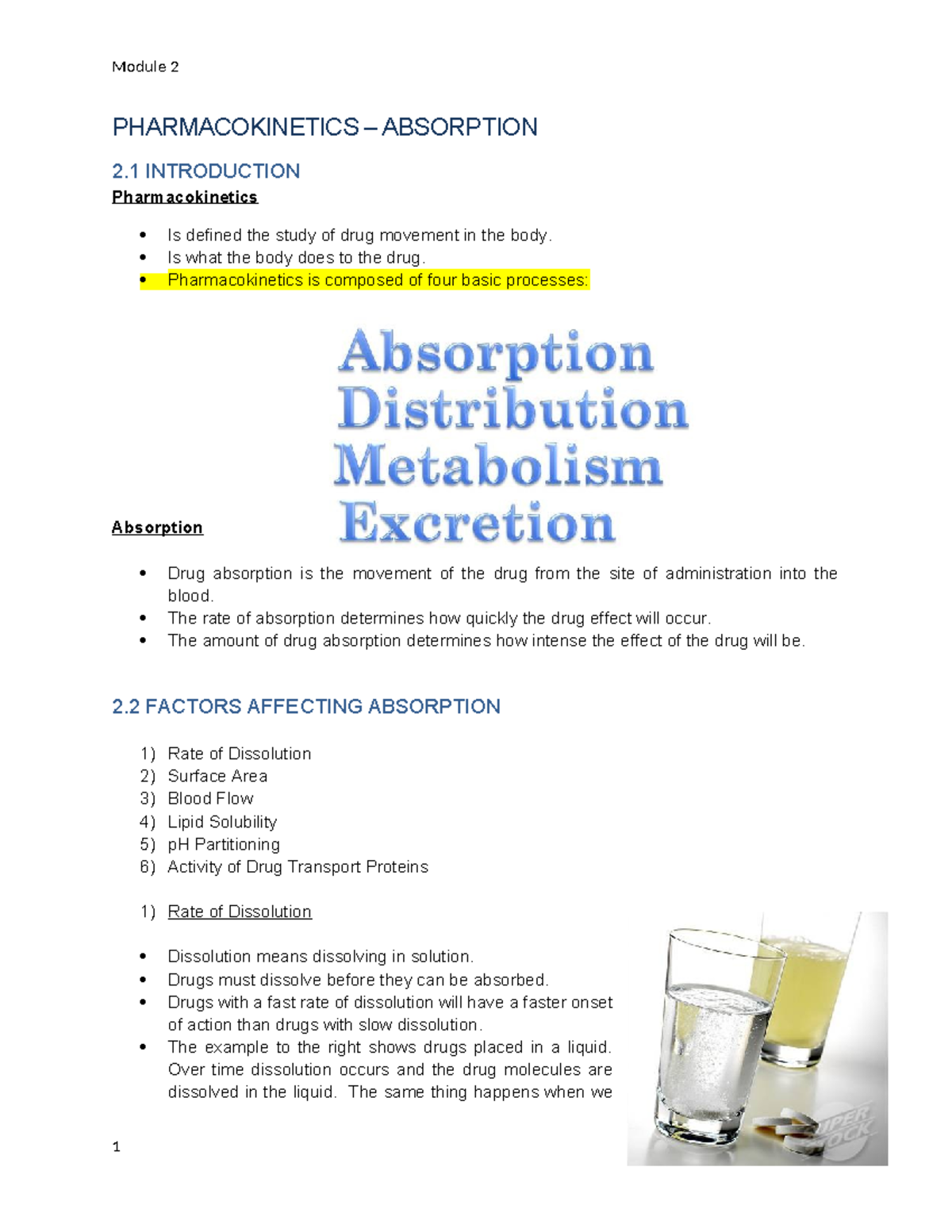 Module 2 Notes 2020 - PHARMACOKINETICS – ABSORPTION 2 INTRODUCTION ...