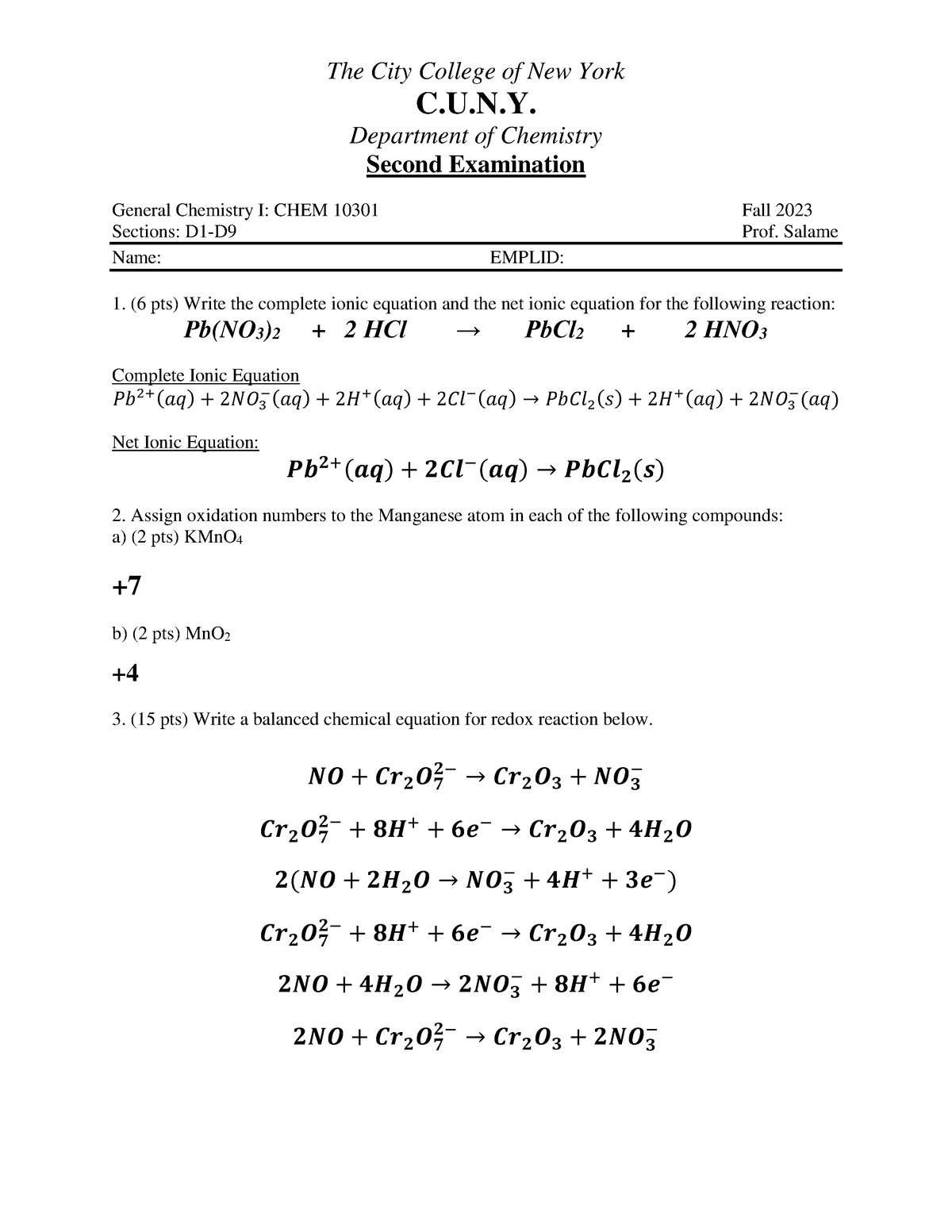 E2 F2023 C103 Answer Key - The City College of New York C.U.N ...