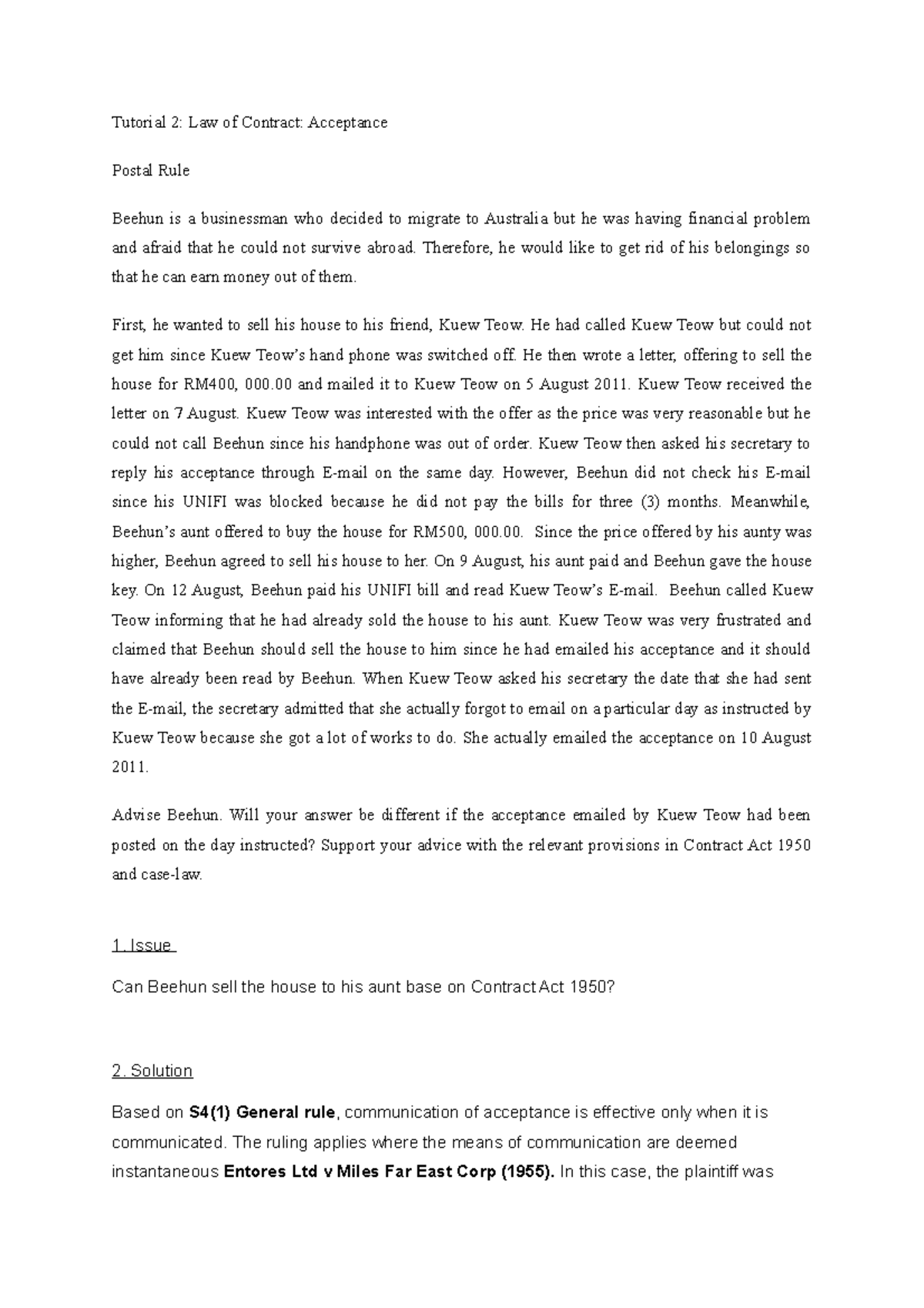 Tutorial 2 (Postal Rule) - Tutorial 2: Law of Contract: Acceptance ...