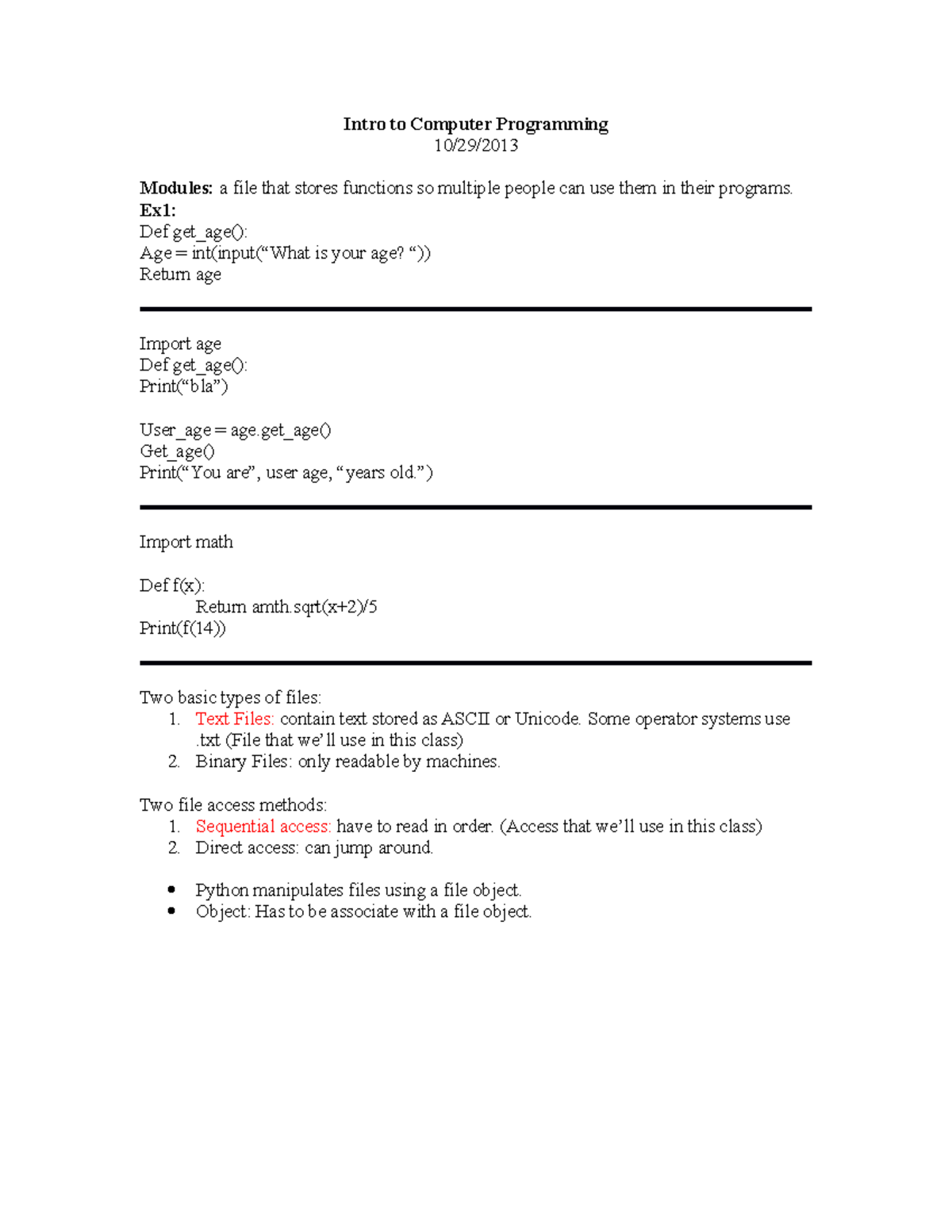 Class Notes #12 - Introduction to Computer Programing Prof. Fisher ...