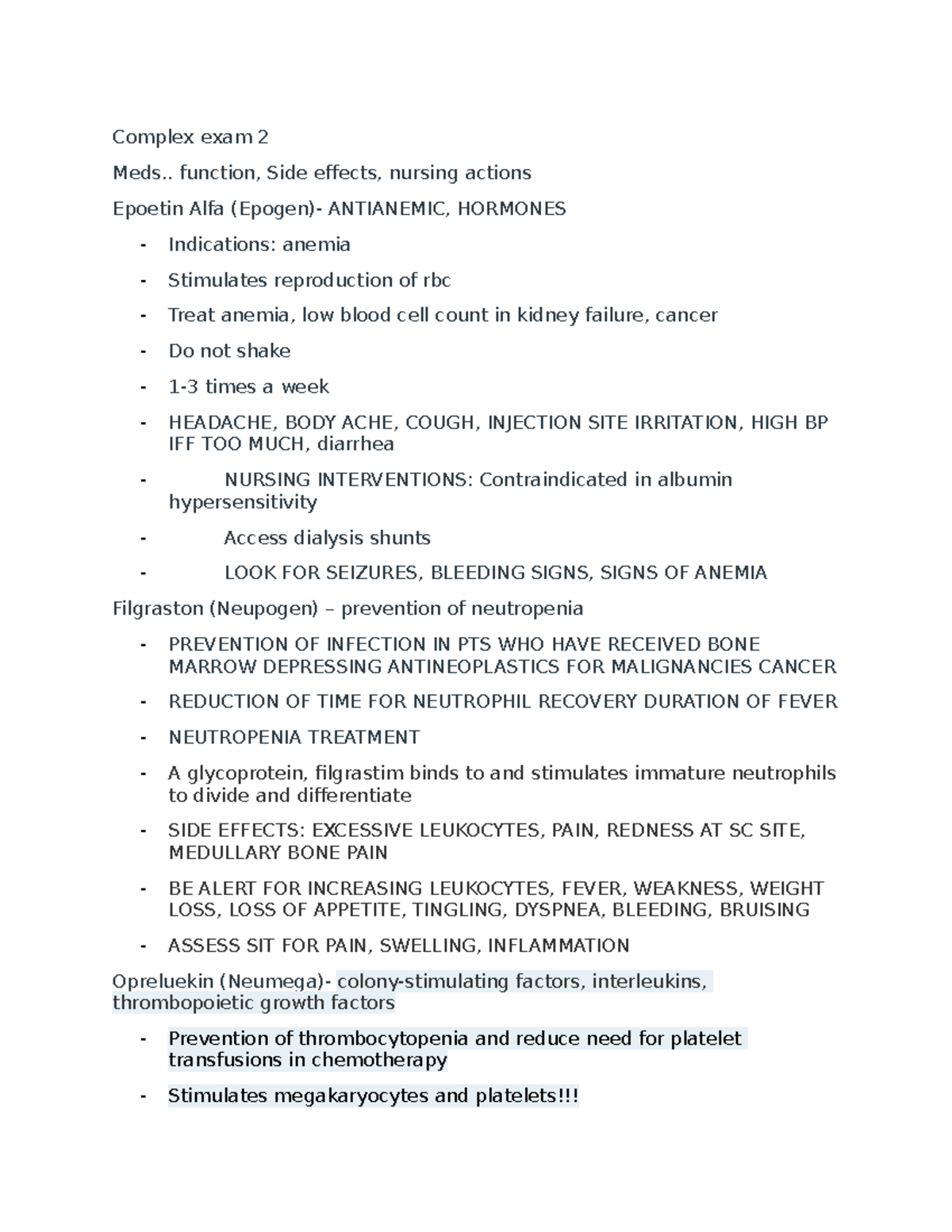 Complex exam 2 . function, Side effects, nursing actions Epoetin Alfa