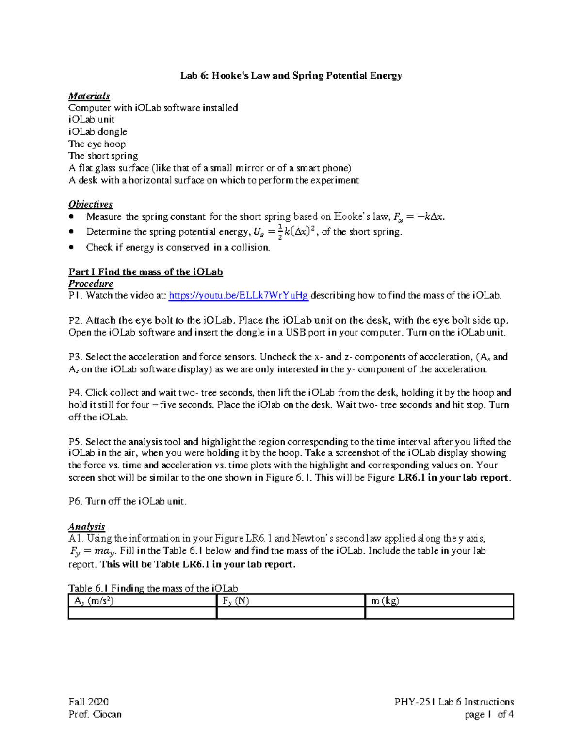 Lab 6 Instructions Due Wed July 21st 2021 Fall 2020 PHY251 Lab 6