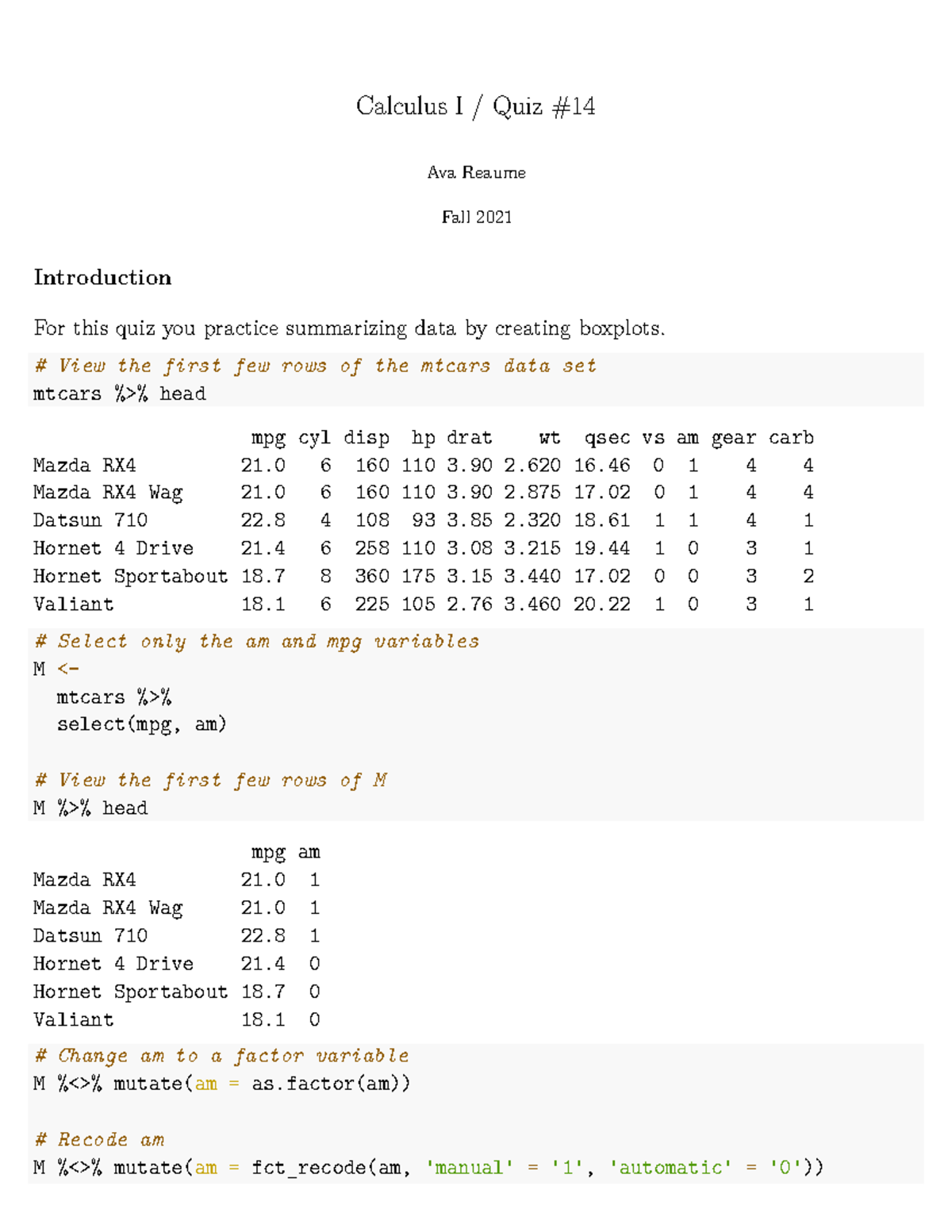 QUIZ14 - Calculus homework example - Calculus I / Quiz Ava Reaume Fall ...