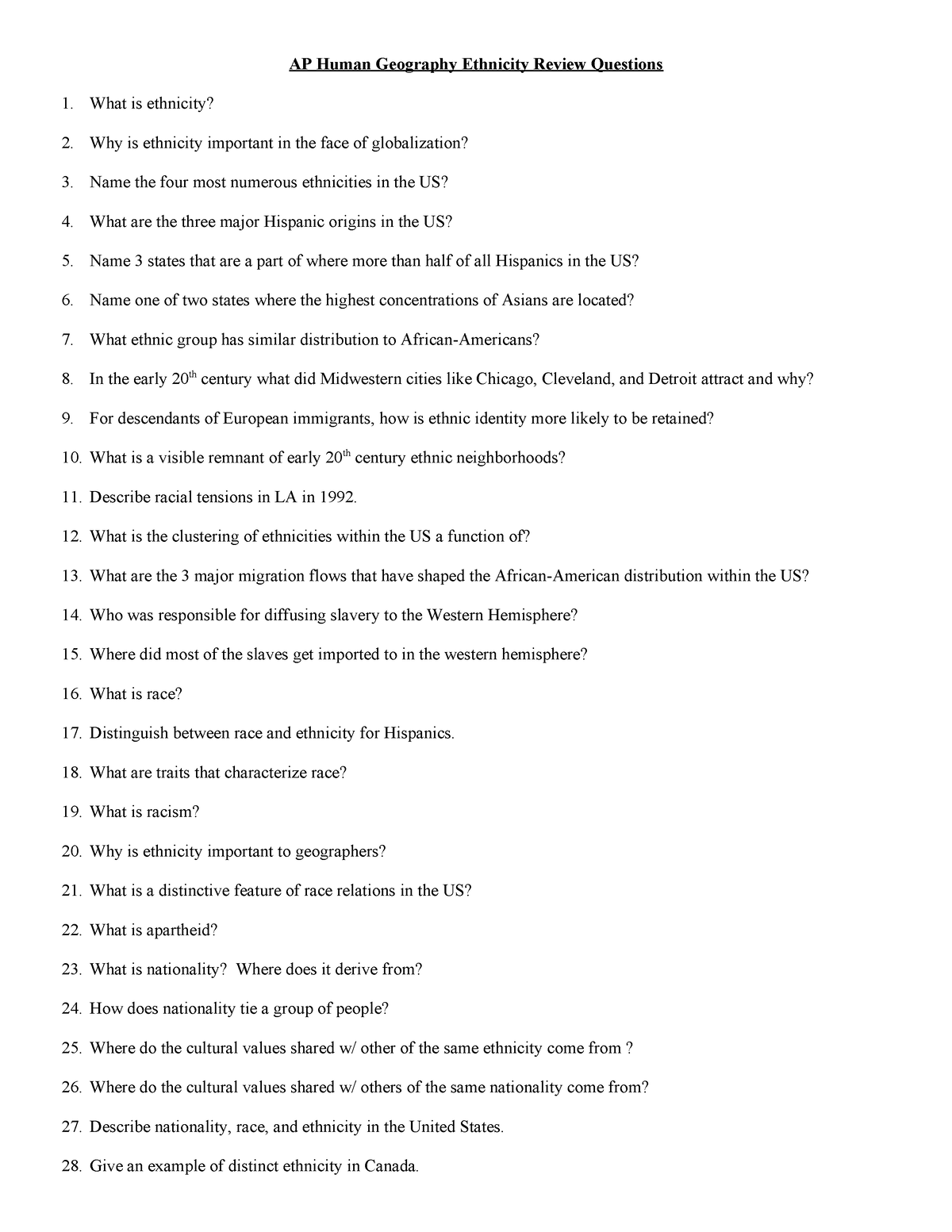 Ethnicity Review Questions - AP Human Geography Ethnicity Review ...