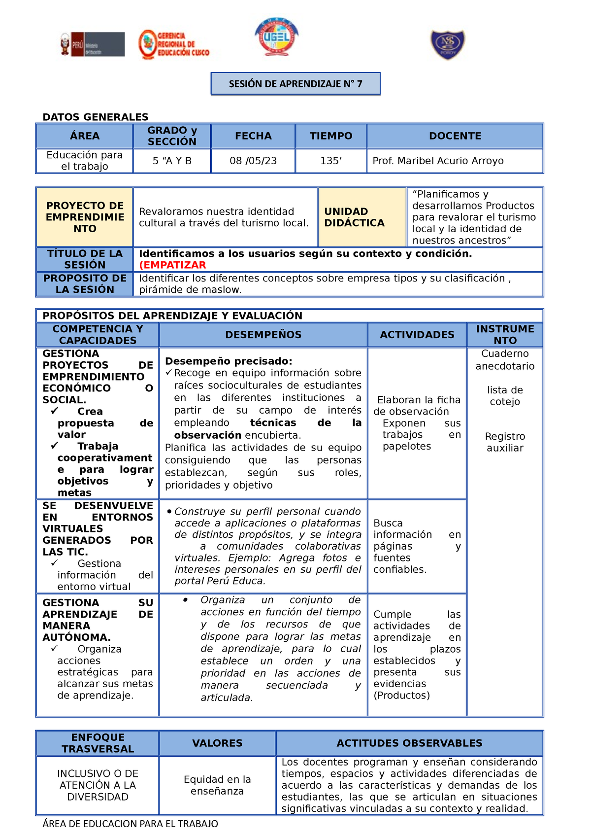 Sesion DE Aprendizaje N°5-5°A Y B - DATOS GENERALES ÁREA GRADO Y ...