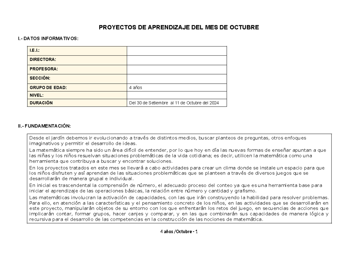 4 AÑOS - Proyectos DE Aprendizaje - Octubre - PROYECTOS DE APRENDIZAJE ...