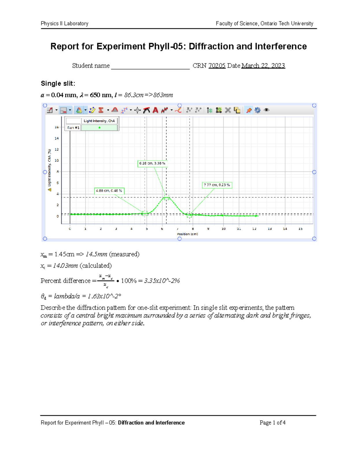 Lab #5 - Diffraction - Physics Lab - Report For Experiment PhyII-05 ...