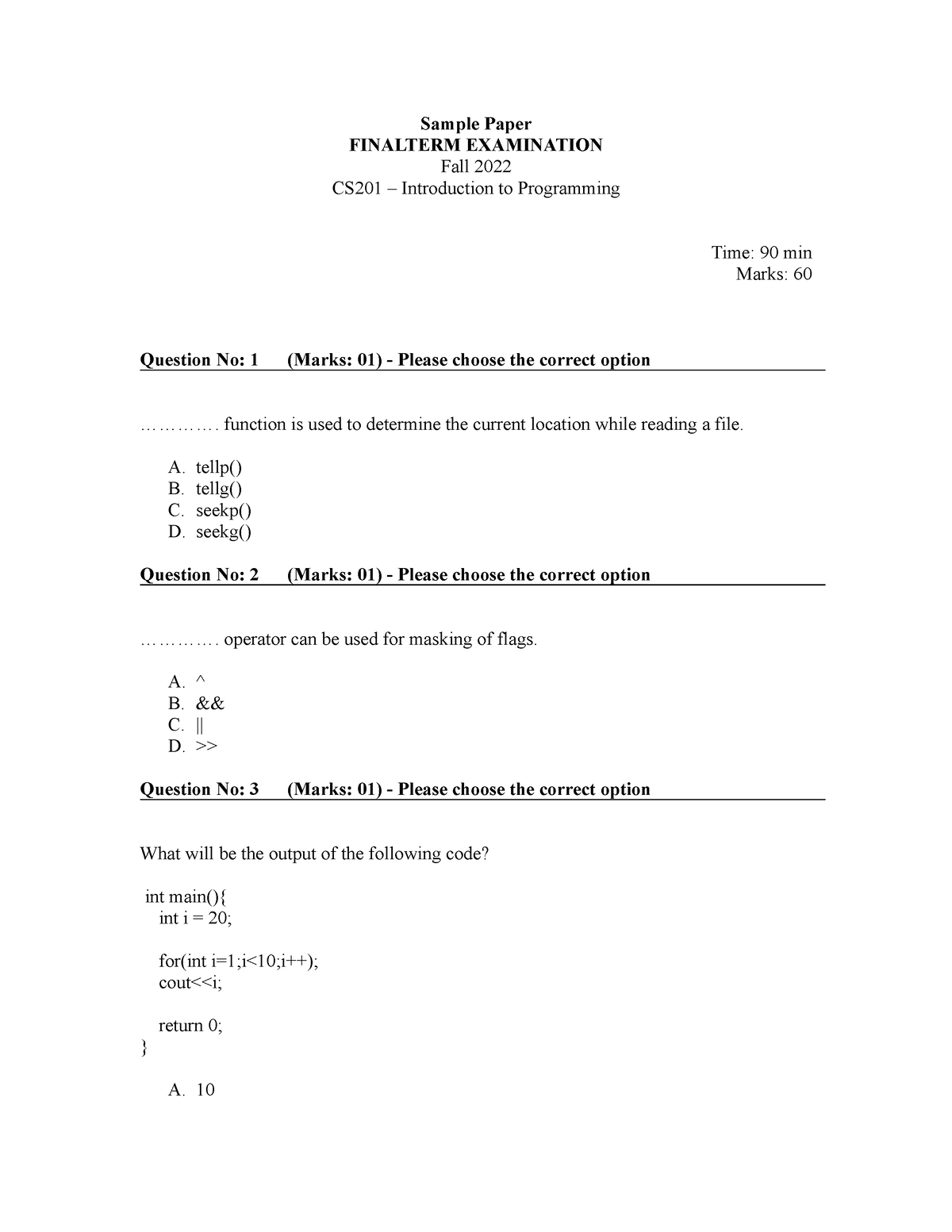 Sample Paper Of CS201 - Handouts For Detail Study. - Sample Paper ...