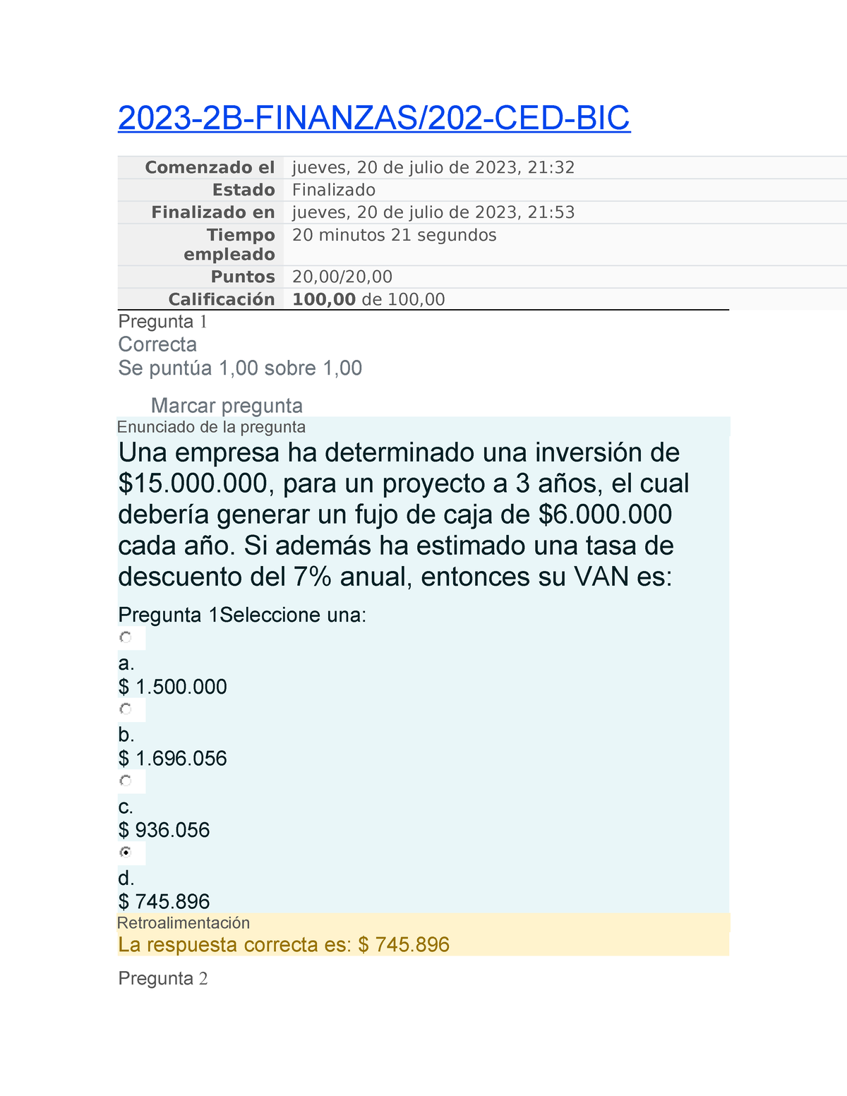 Examen - 2023-2B-FINANZAS/202-CED-BIC Comenzado El Jueves, 20 De Julio ...