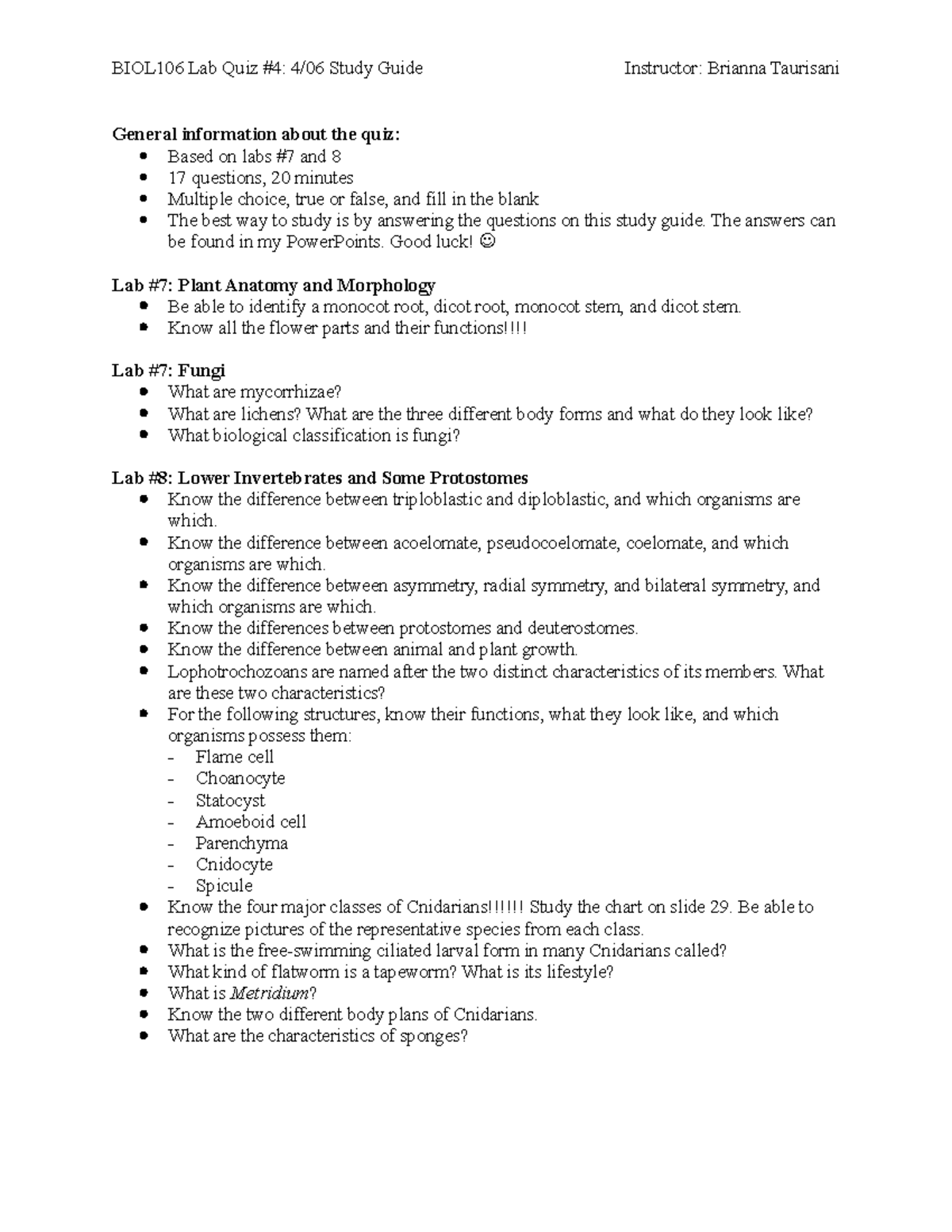 Lab #4 Quiz Study Guide - Biology 106 - QC CUNY - Studocu