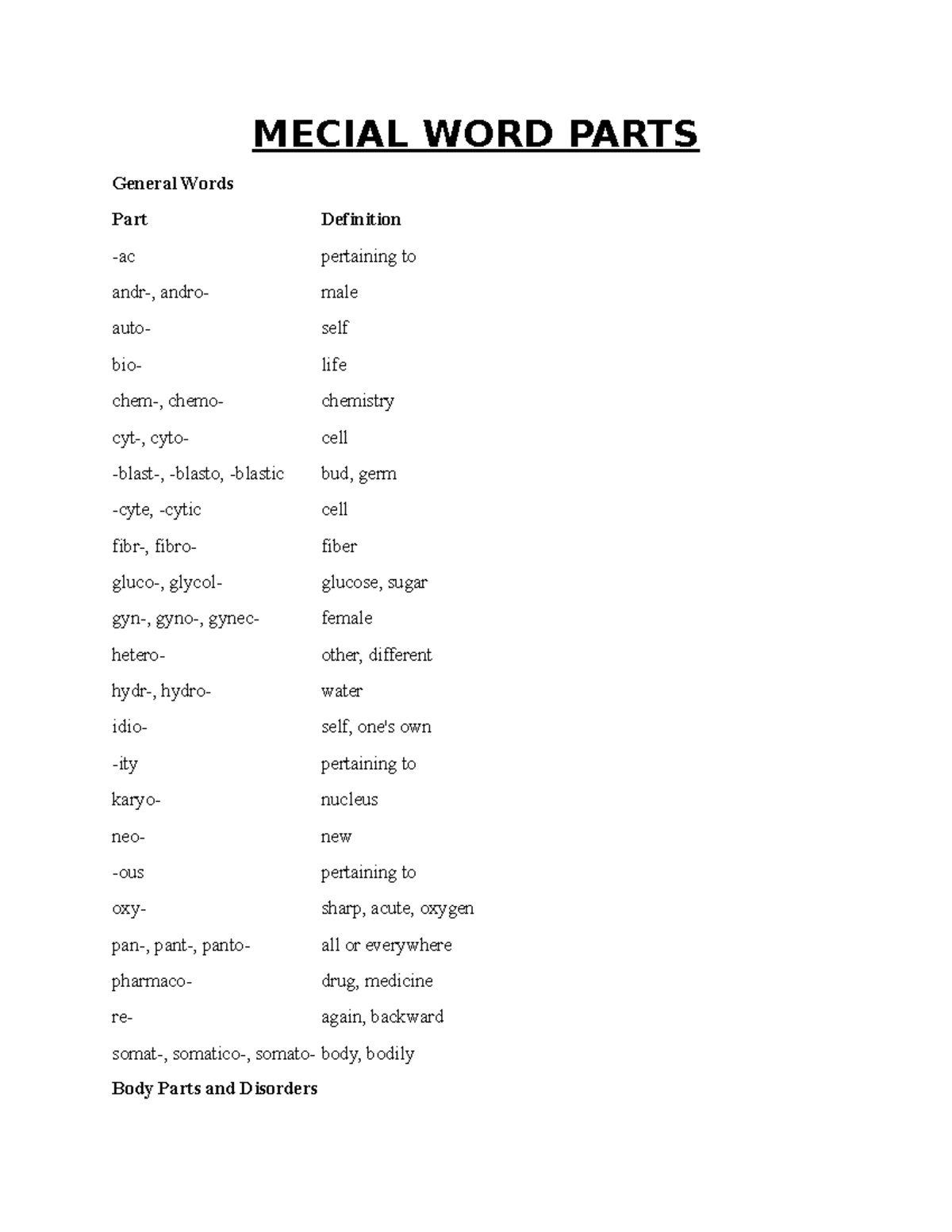 Medical WORD Parts MECIAL WORD PARTS General Words Part Definition ac pertaining to andr
