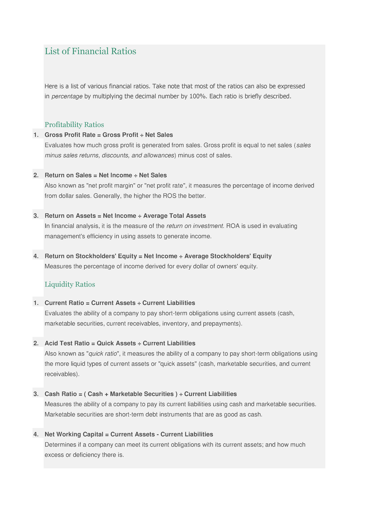 List Of Financial Ratios - Take Note That Most Of The Ratios Can Also ...