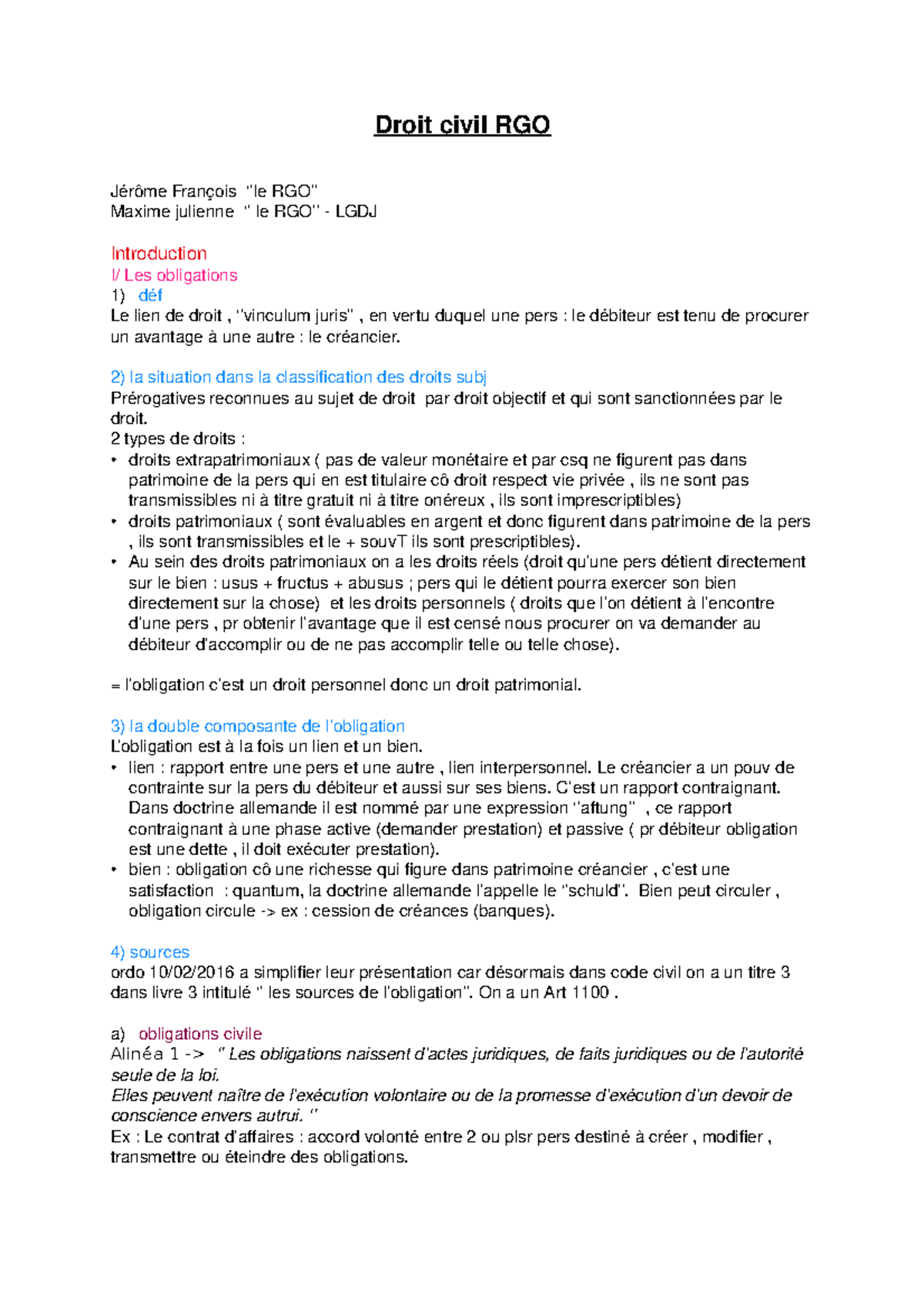 Droit civil , régime général des obligations Droit civil RGO Jérôme