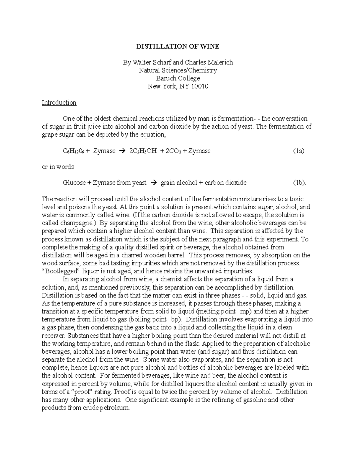 Wine Lab Questions DISTILLATION OF WINE By Walter Scharf and Charles