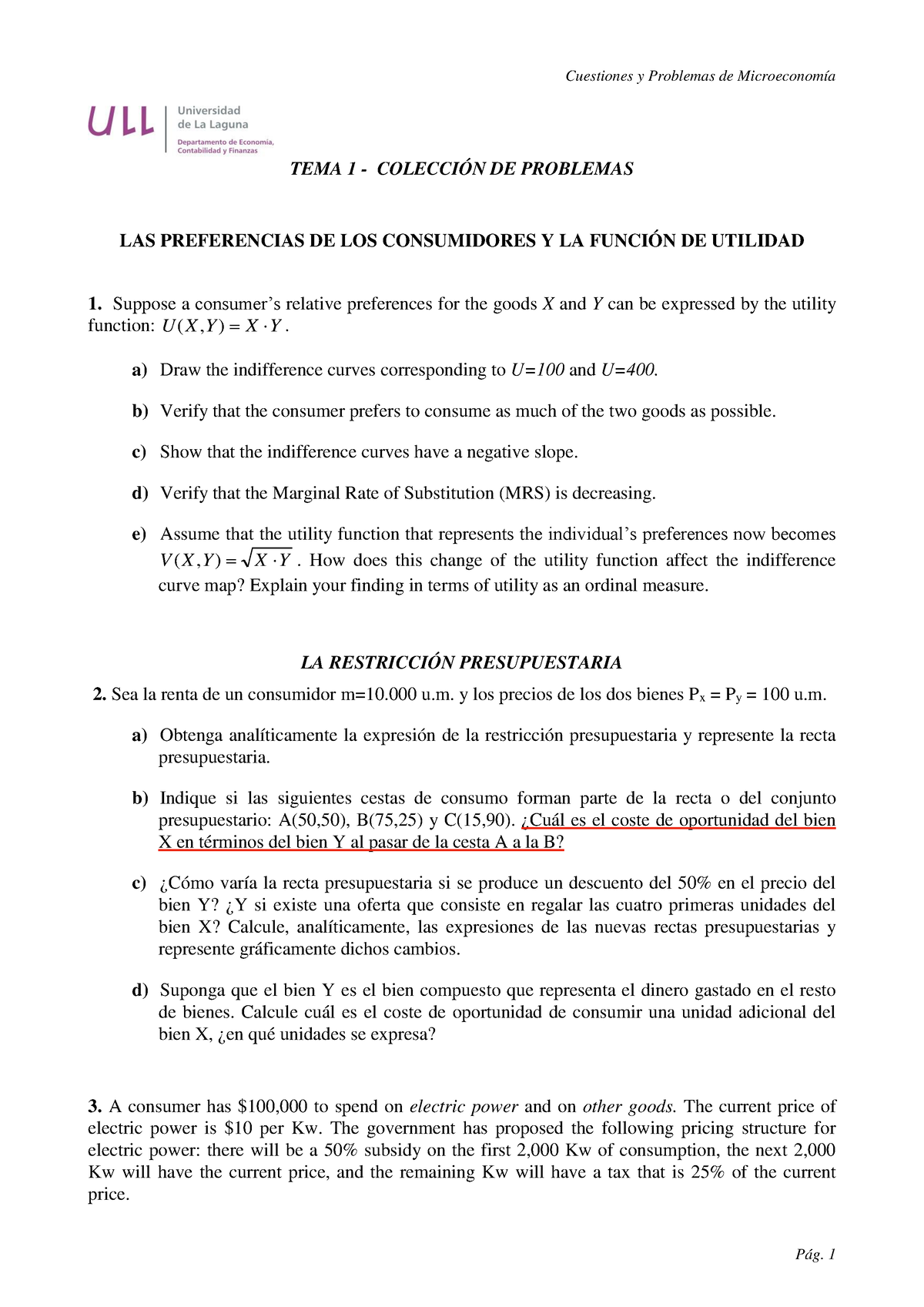 Ejercicios Tema 1 - Cuestiones Y Problemas De Microeconomía TEMA 1 ...