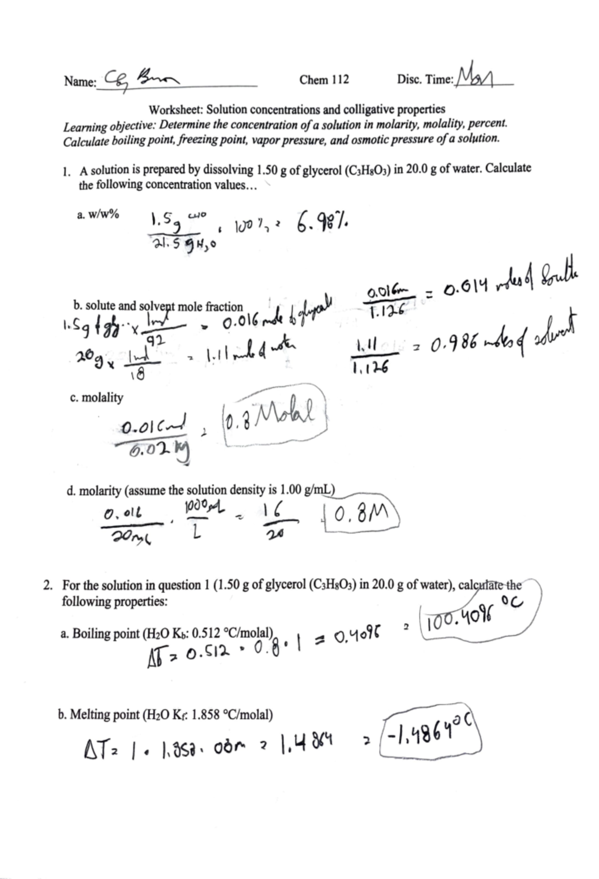 Chem 112 worksheet 5 - Name: ~ ~ Chem 112 Disc. Time: ~ Worksheet ...