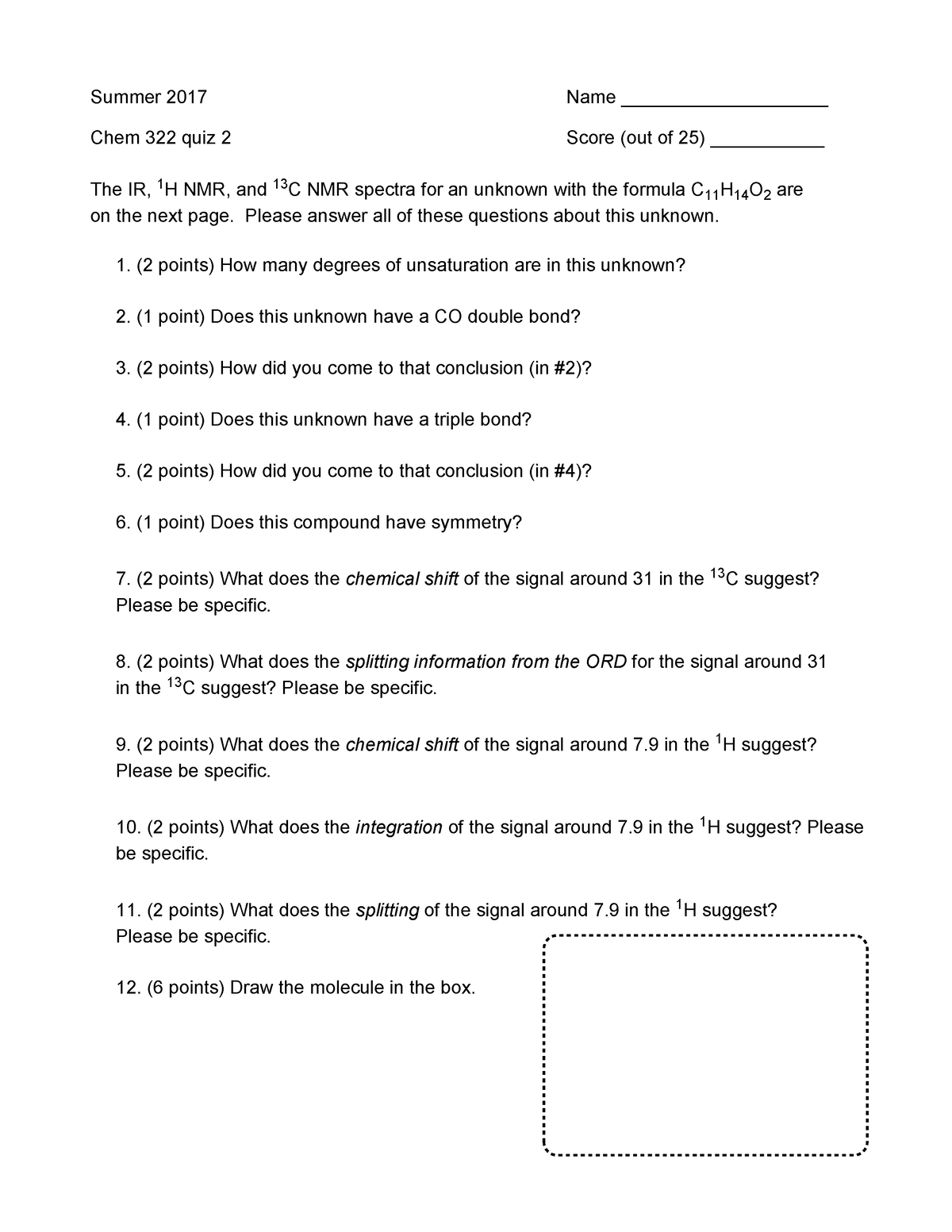 Chem 322 2017 Summer Quiz 2 - - Studocu