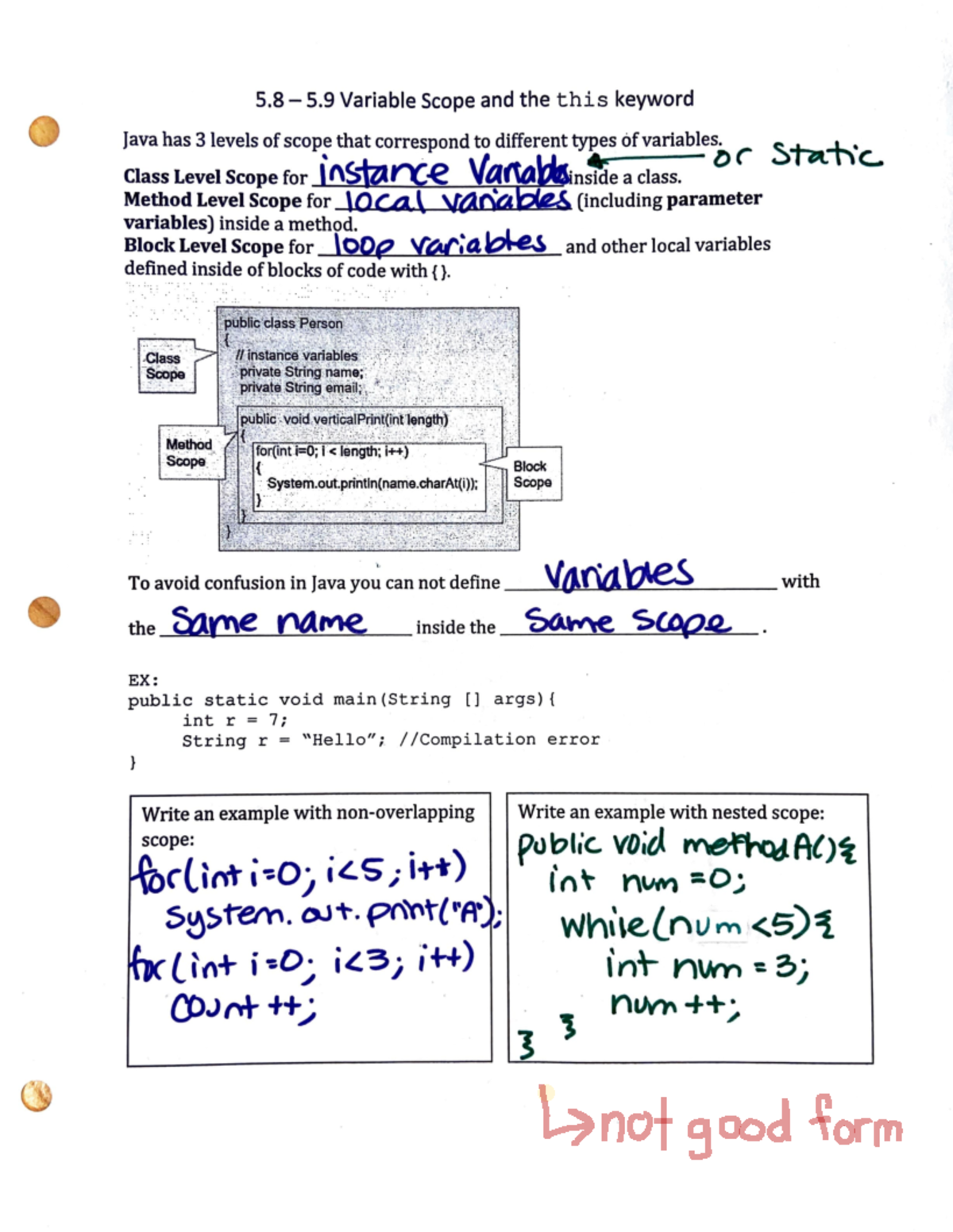 5.8 - 5.9 Notes Answer Key - 5.8-5 Variable Scope and the this keyword ...