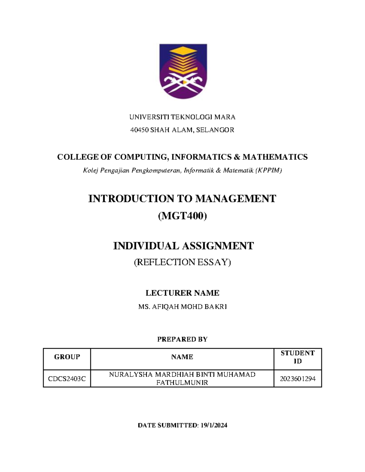 Individual Assignment - Universiti Teknologi Mara 40450 Shah Alam 