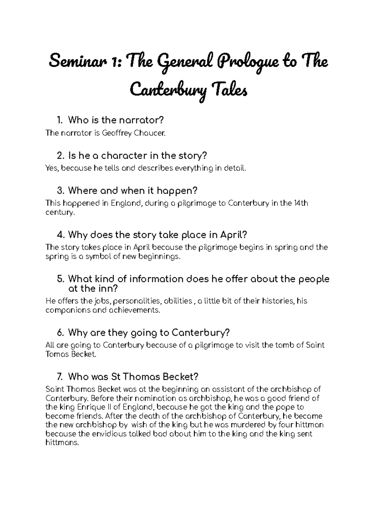 Seminar 1 The General Prologue to The Canterbury Tales nikolle ...