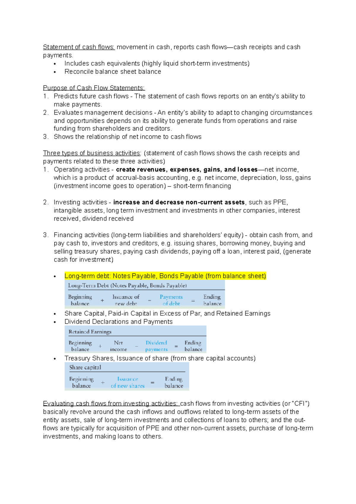 ACC201 SU6 summary notes - Statement of cash flows: movement in cash ...